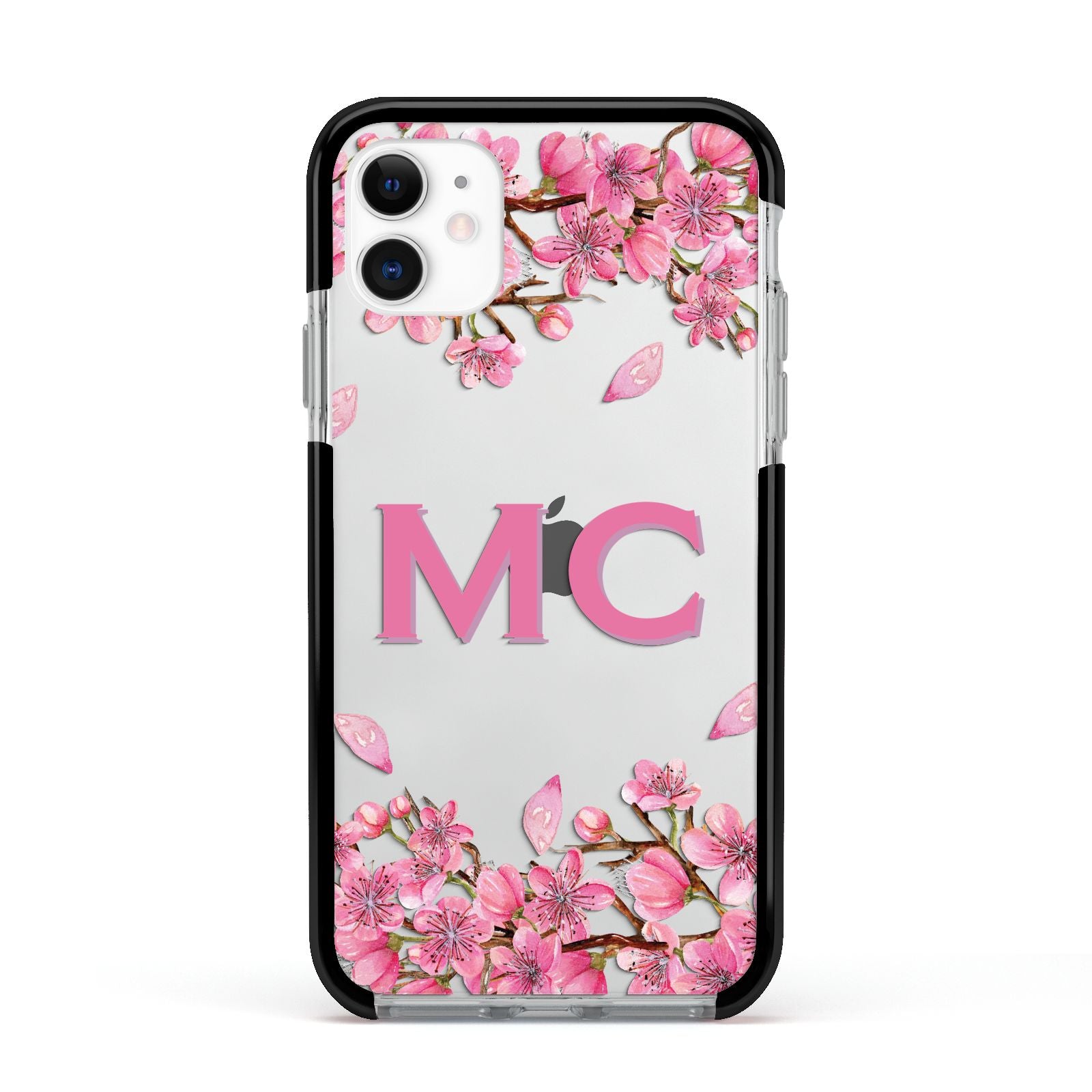 Personalised Vibrant Cherry Blossom Pink Apple iPhone 11 in White with Black Impact Case