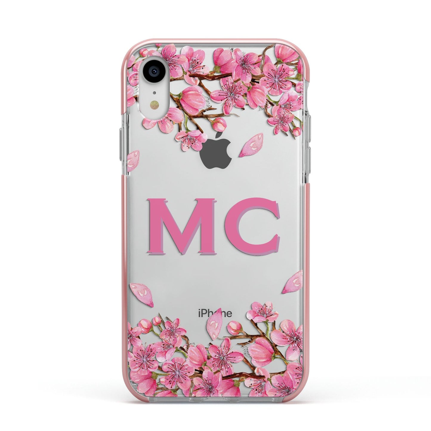 Personalised Vibrant Cherry Blossom Pink Apple iPhone XR Impact Case Pink Edge on Silver Phone