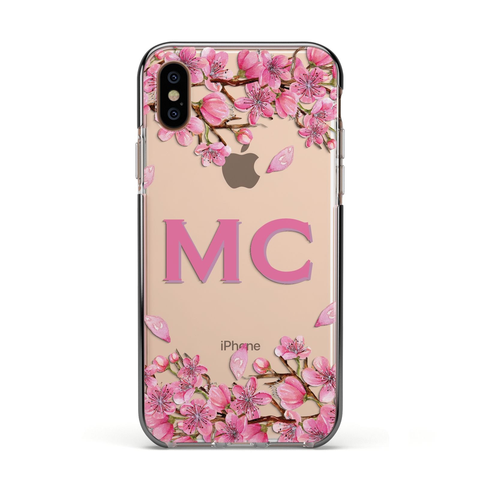 Personalised Vibrant Cherry Blossom Pink Apple iPhone Xs Impact Case Black Edge on Gold Phone