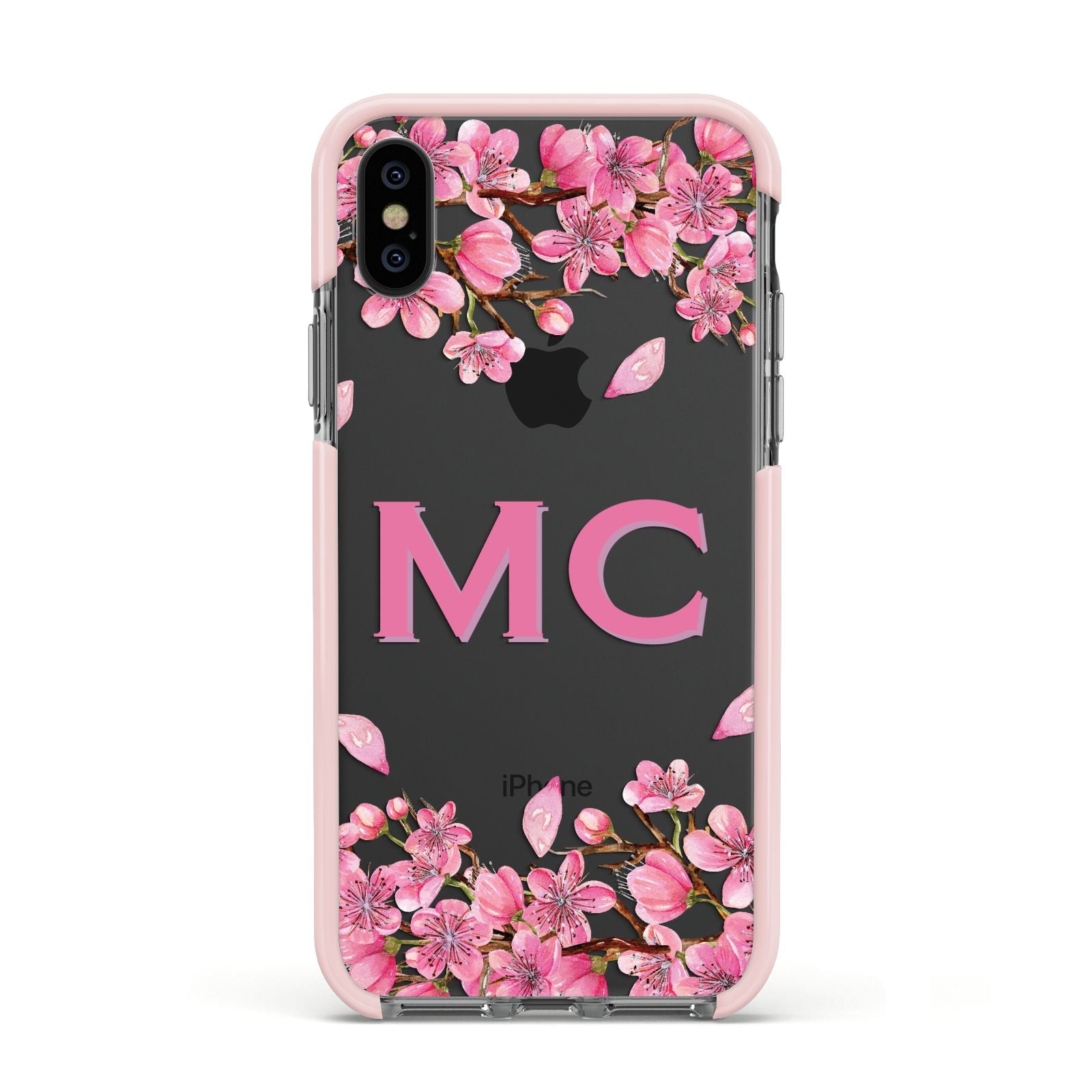Personalised Vibrant Cherry Blossom Pink Apple iPhone Xs Impact Case Pink Edge on Black Phone