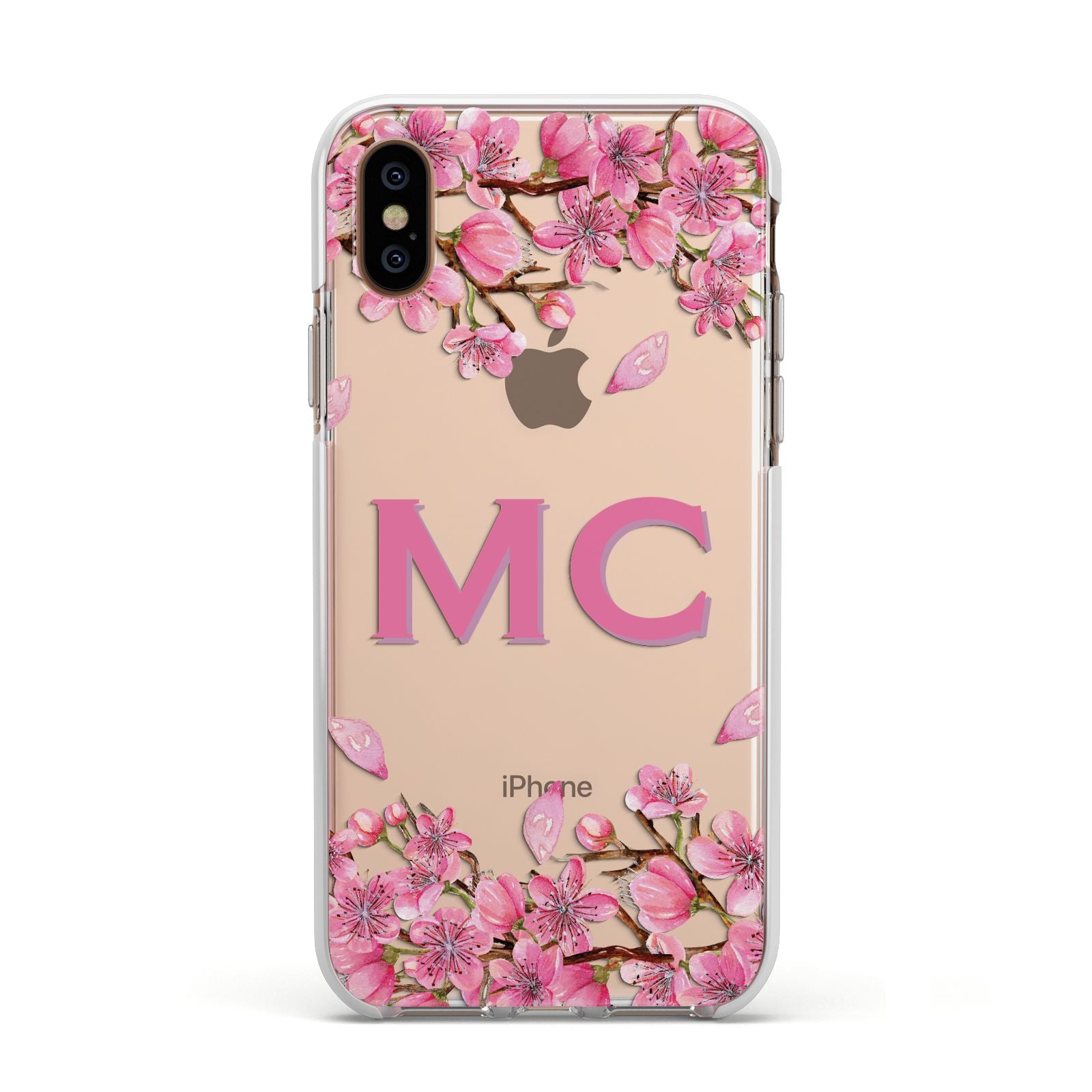 Personalised Vibrant Cherry Blossom Pink Apple iPhone Xs Impact Case White Edge on Gold Phone