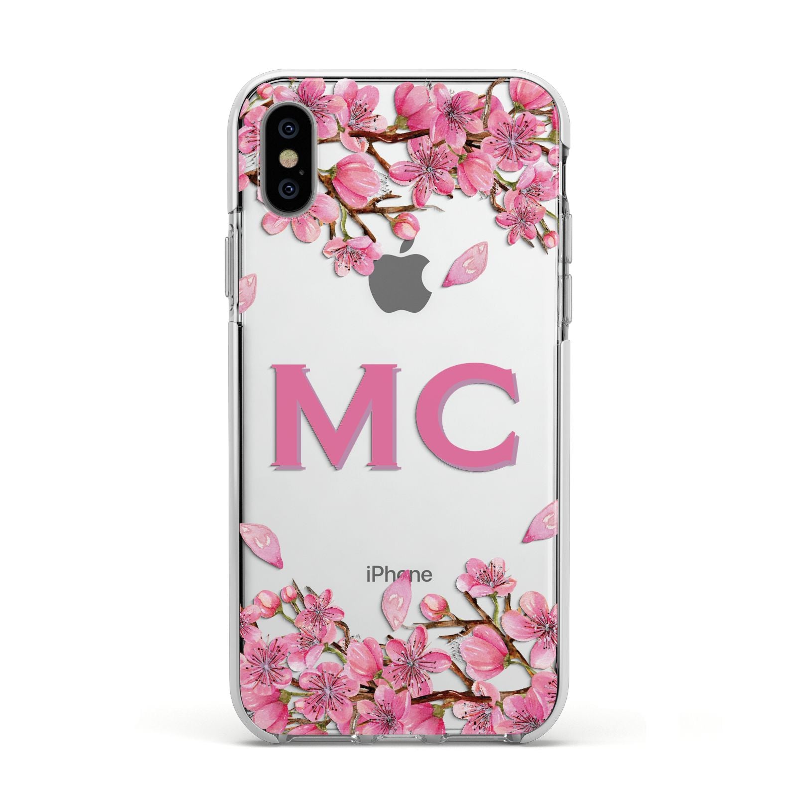Personalised Vibrant Cherry Blossom Pink Apple iPhone Xs Impact Case White Edge on Silver Phone