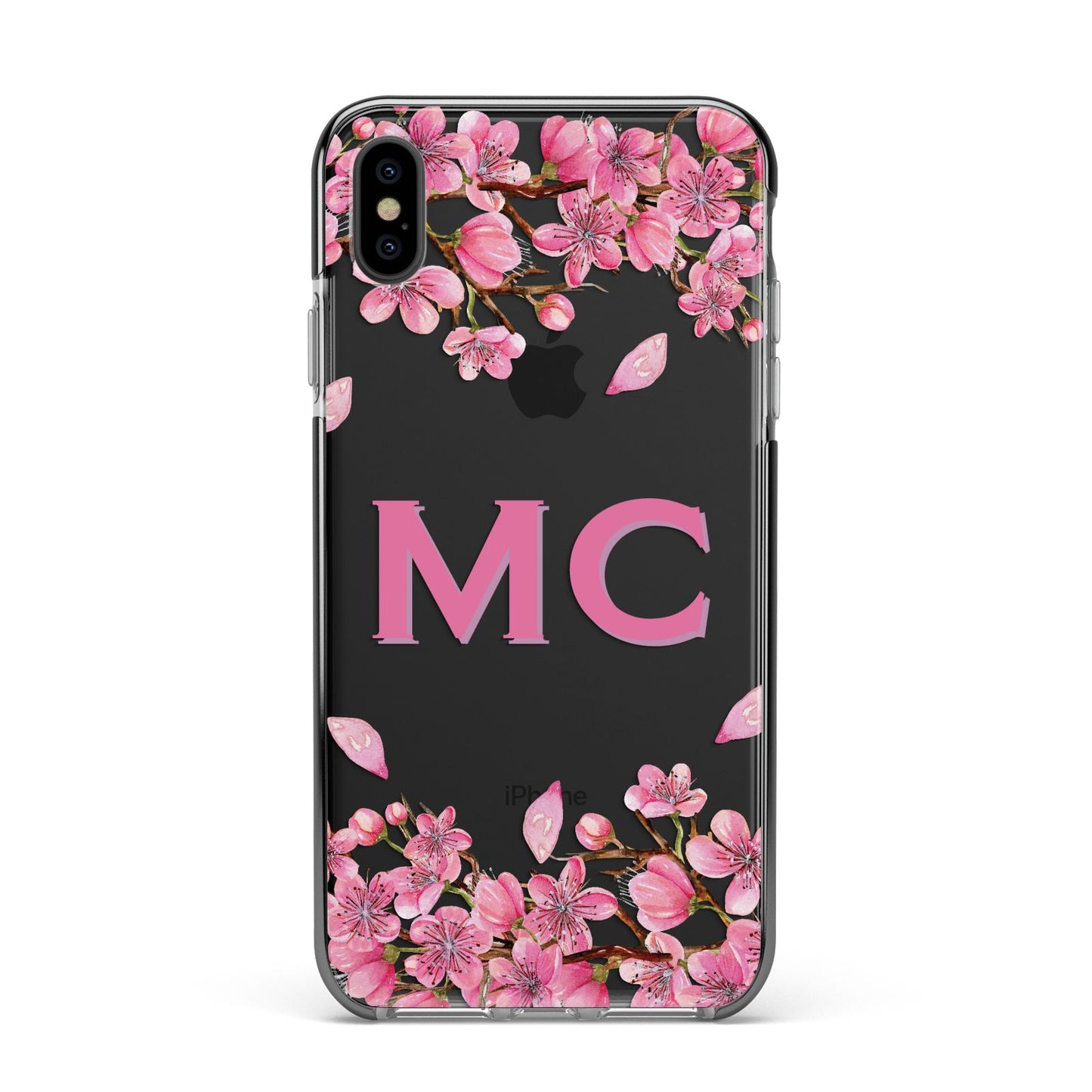 Personalised Vibrant Cherry Blossom Pink Apple iPhone Xs Max Impact Case Black Edge on Black Phone