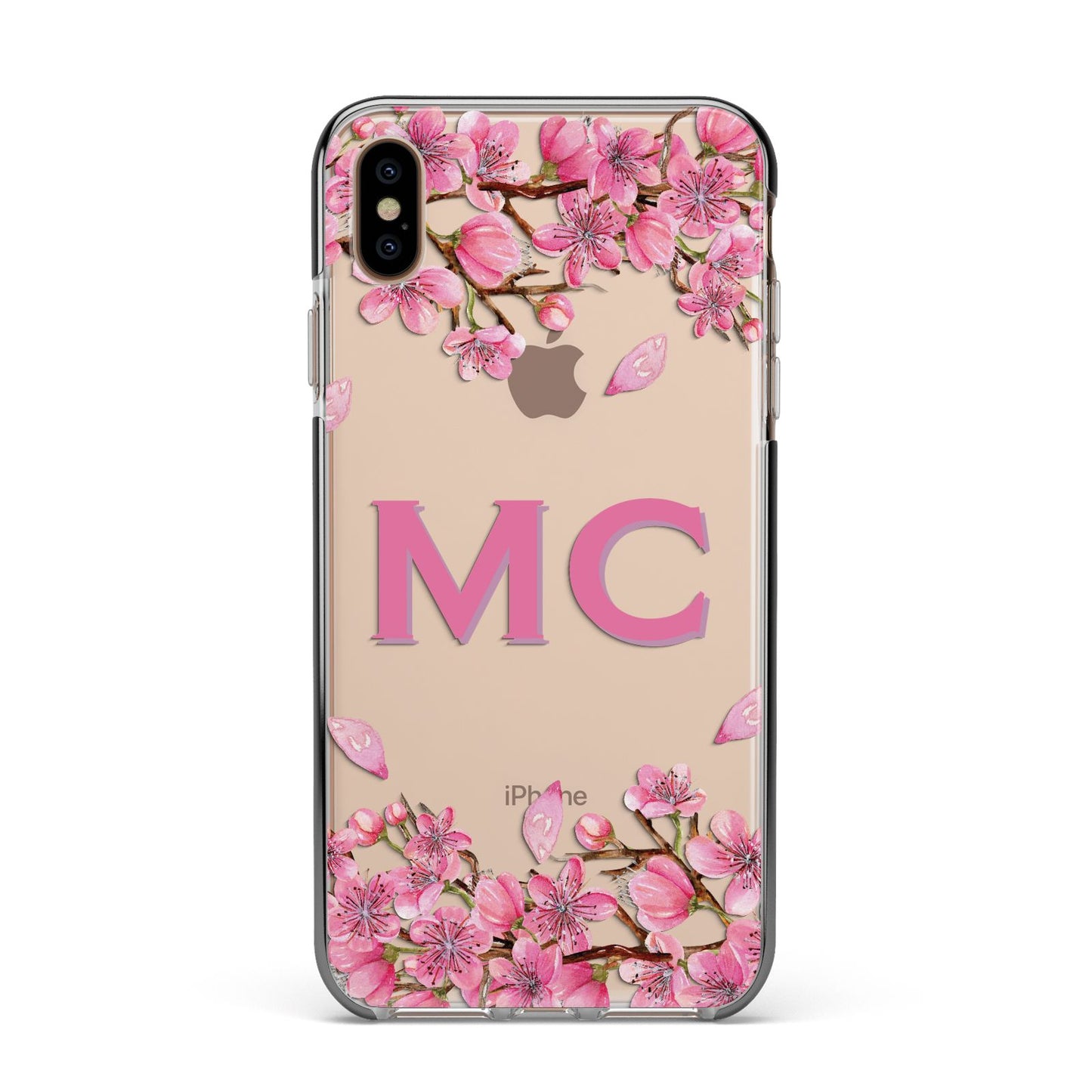 Personalised Vibrant Cherry Blossom Pink Apple iPhone Xs Max Impact Case Black Edge on Gold Phone