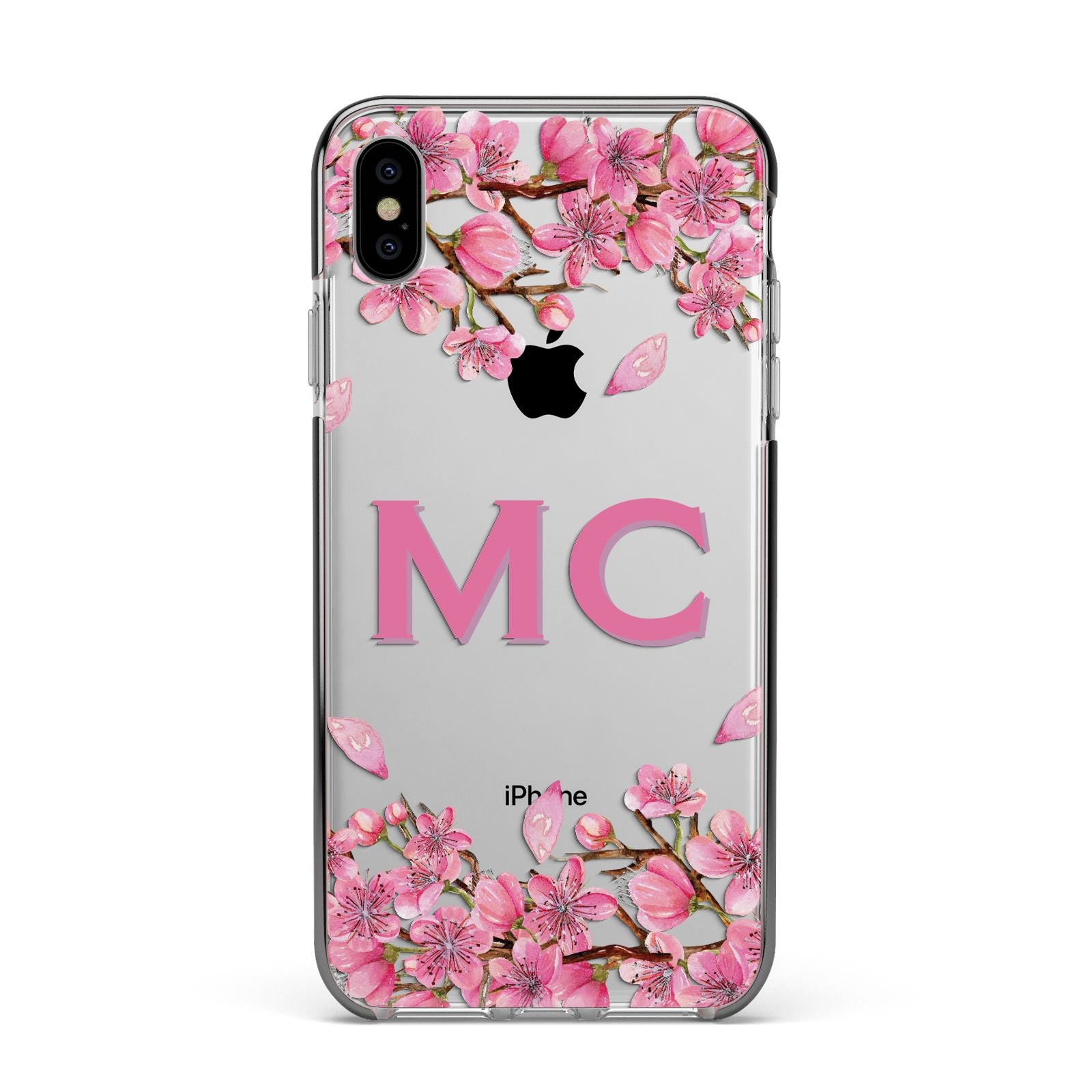 Personalised Vibrant Cherry Blossom Pink Apple iPhone Xs Max Impact Case Black Edge on Silver Phone