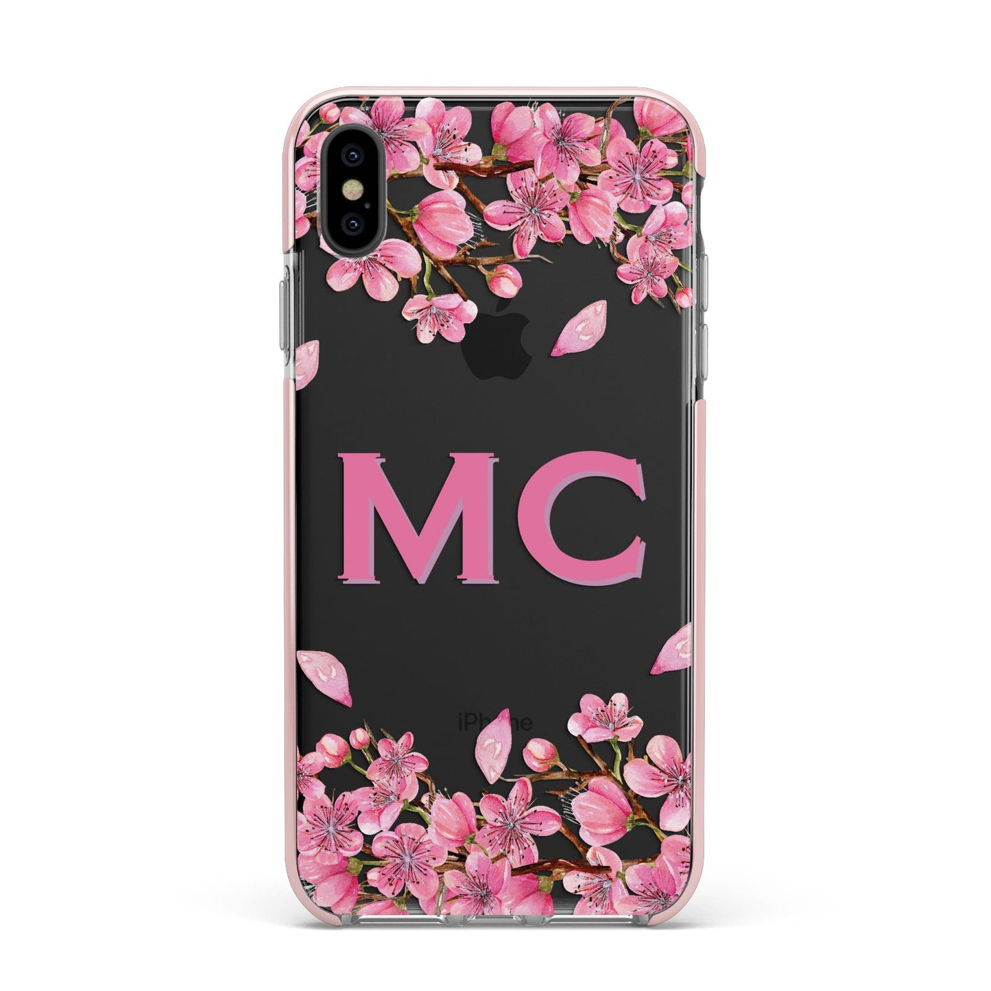 Personalised Vibrant Cherry Blossom Pink Apple iPhone Xs Max Impact Case Pink Edge on Black Phone