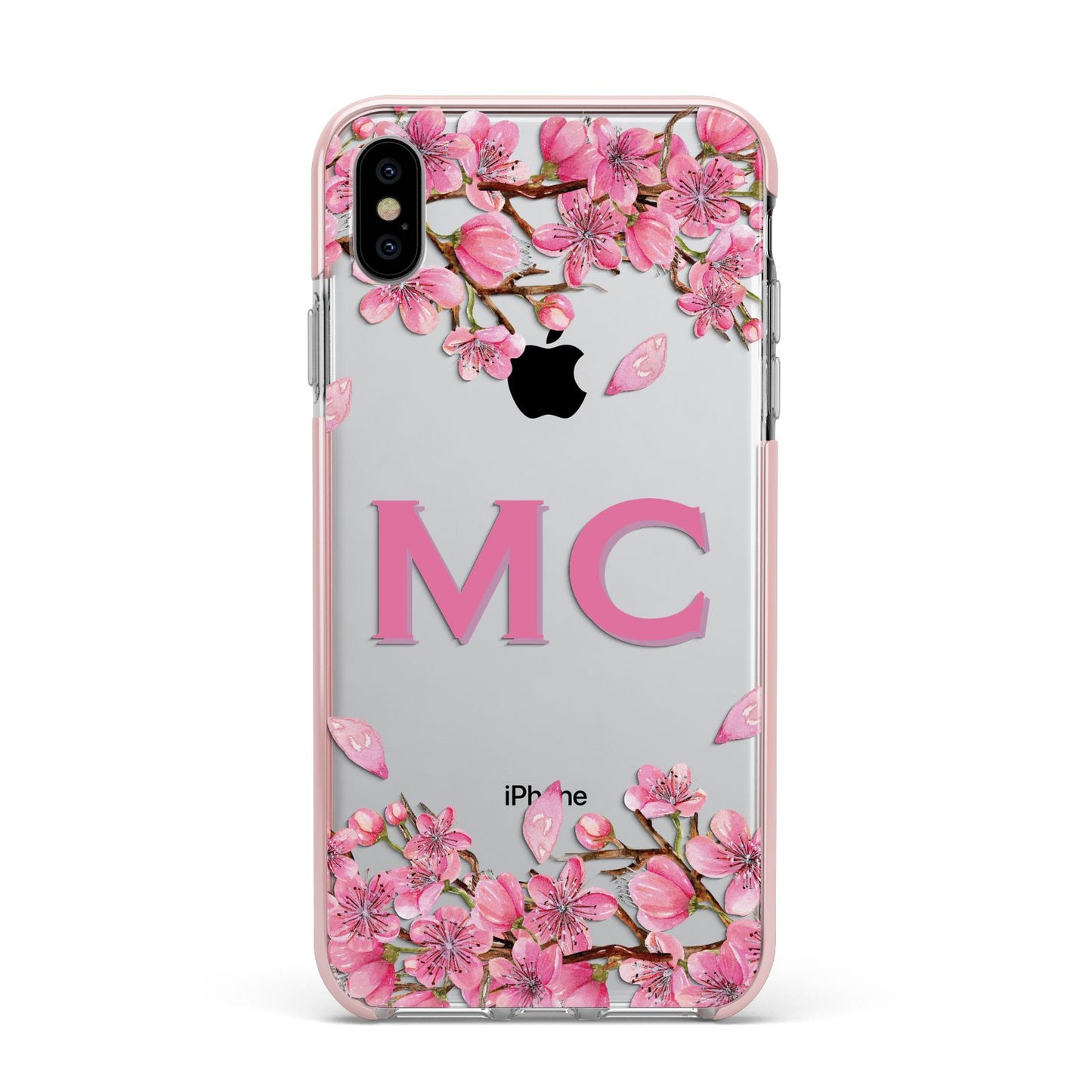 Personalised Vibrant Cherry Blossom Pink Apple iPhone Xs Max Impact Case Pink Edge on Silver Phone