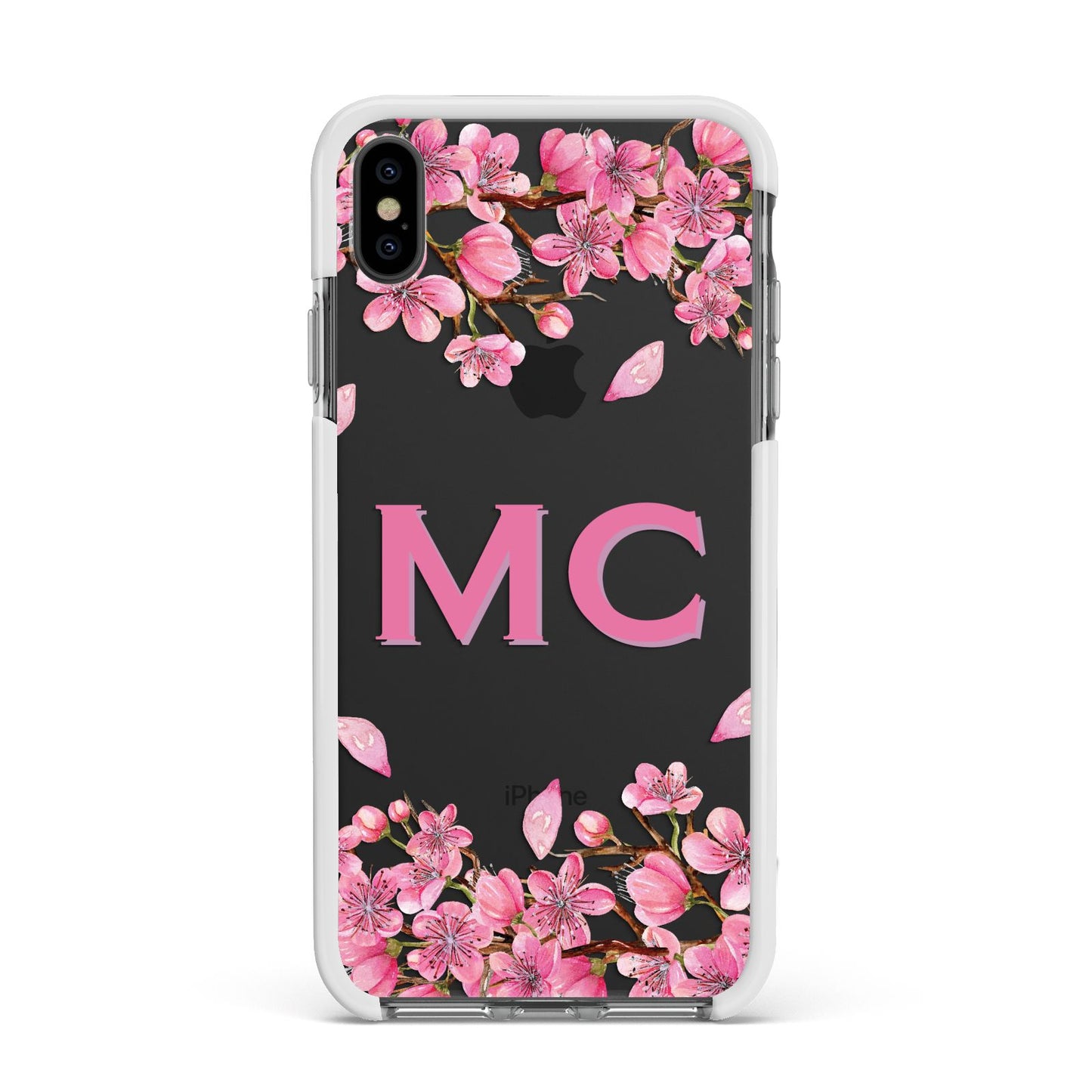 Personalised Vibrant Cherry Blossom Pink Apple iPhone Xs Max Impact Case White Edge on Black Phone