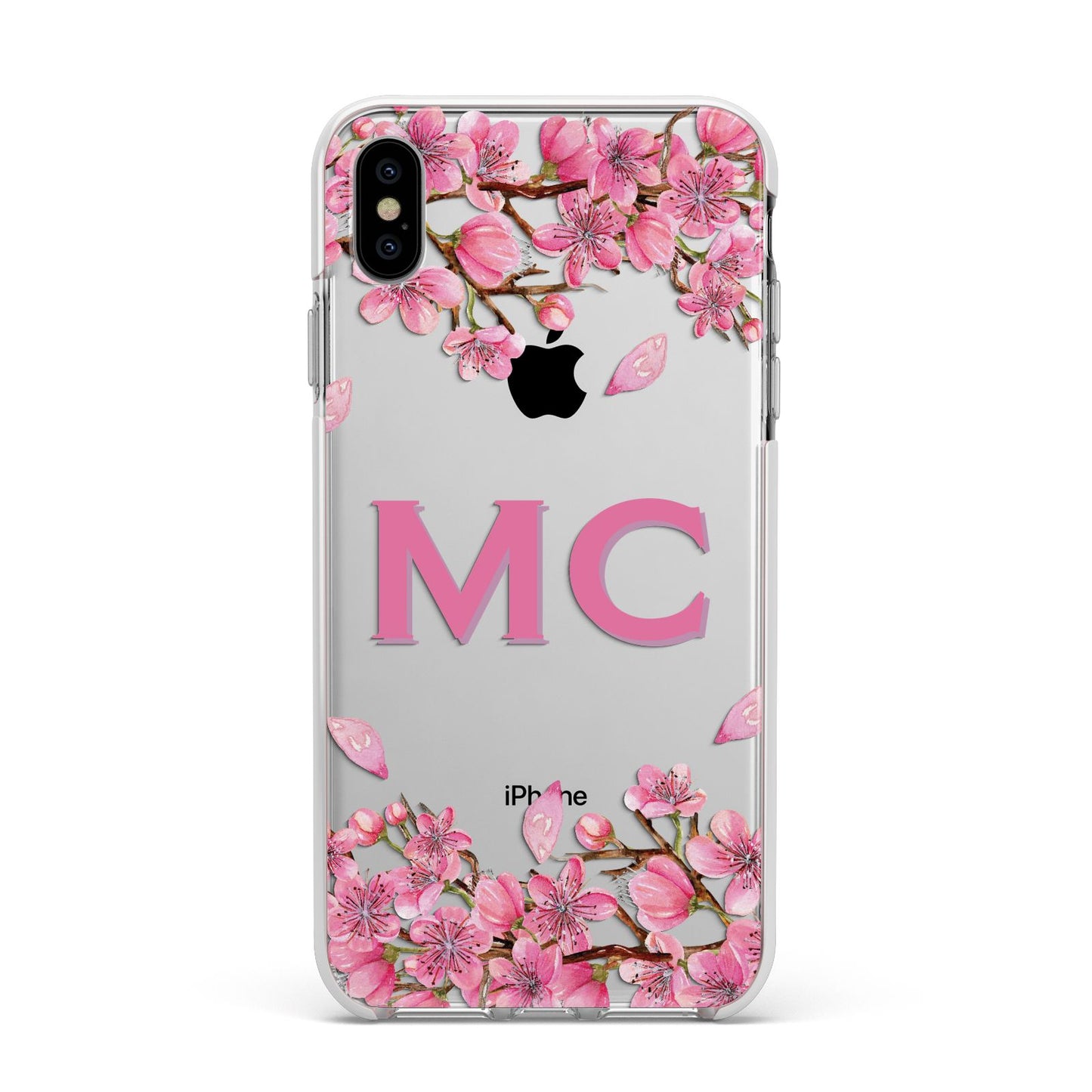 Personalised Vibrant Cherry Blossom Pink Apple iPhone Xs Max Impact Case White Edge on Silver Phone