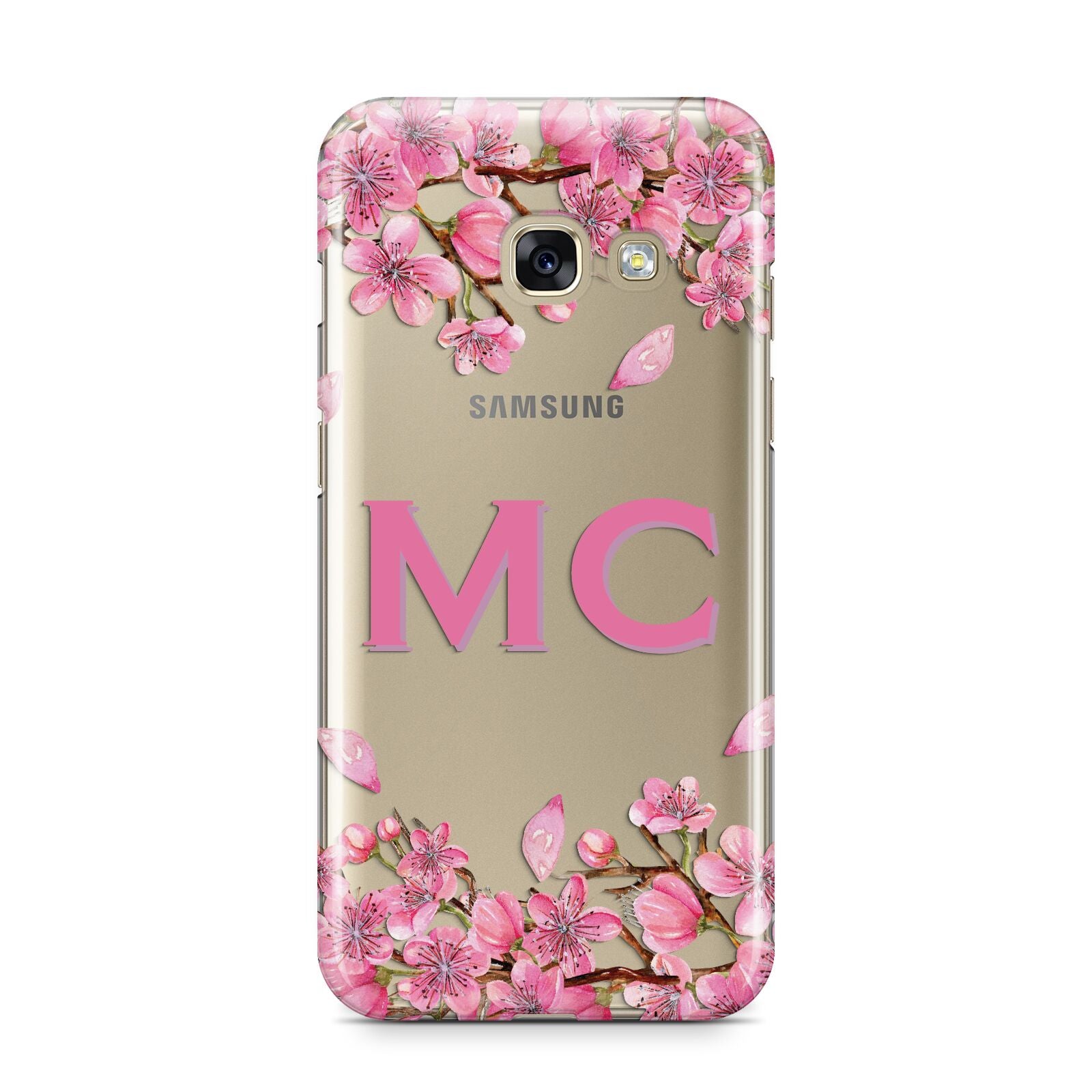 Personalised Vibrant Cherry Blossom Pink Samsung Galaxy A3 2017 Case on gold phone