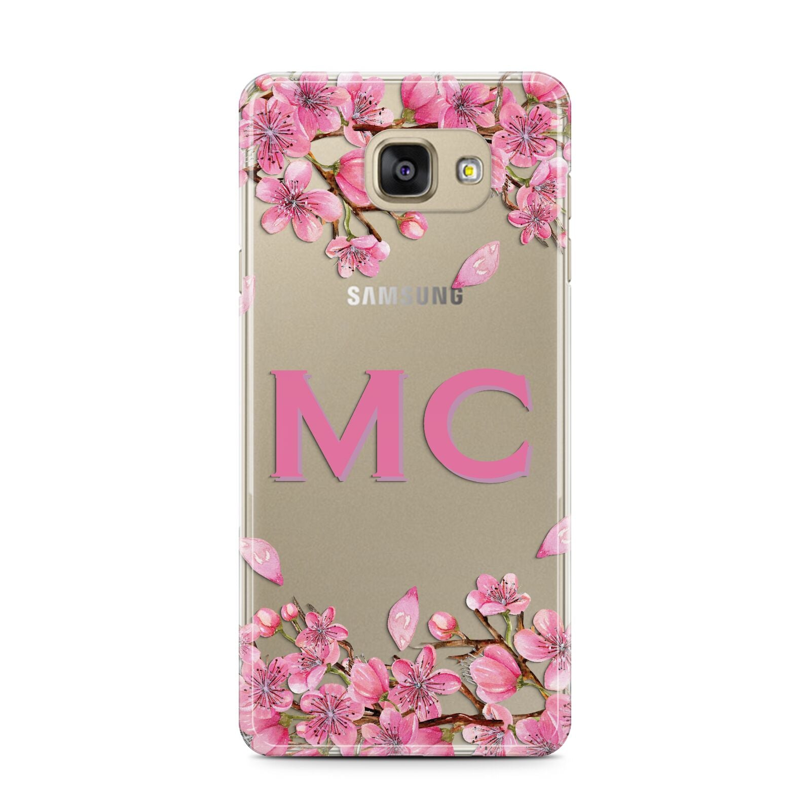 Personalised Vibrant Cherry Blossom Pink Samsung Galaxy A7 2016 Case on gold phone