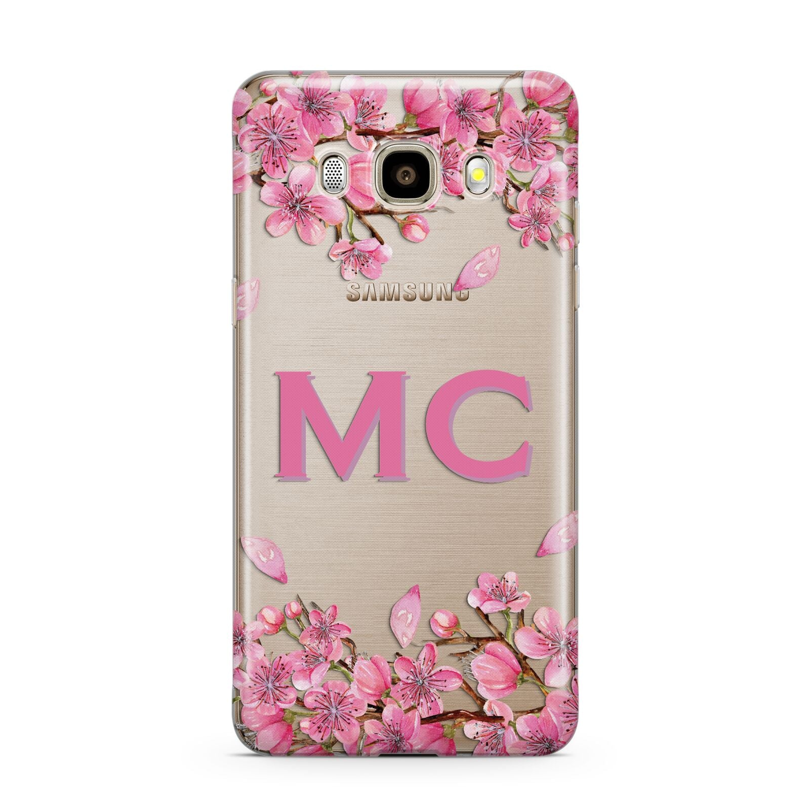 Personalised Vibrant Cherry Blossom Pink Samsung Galaxy J7 2016 Case on gold phone