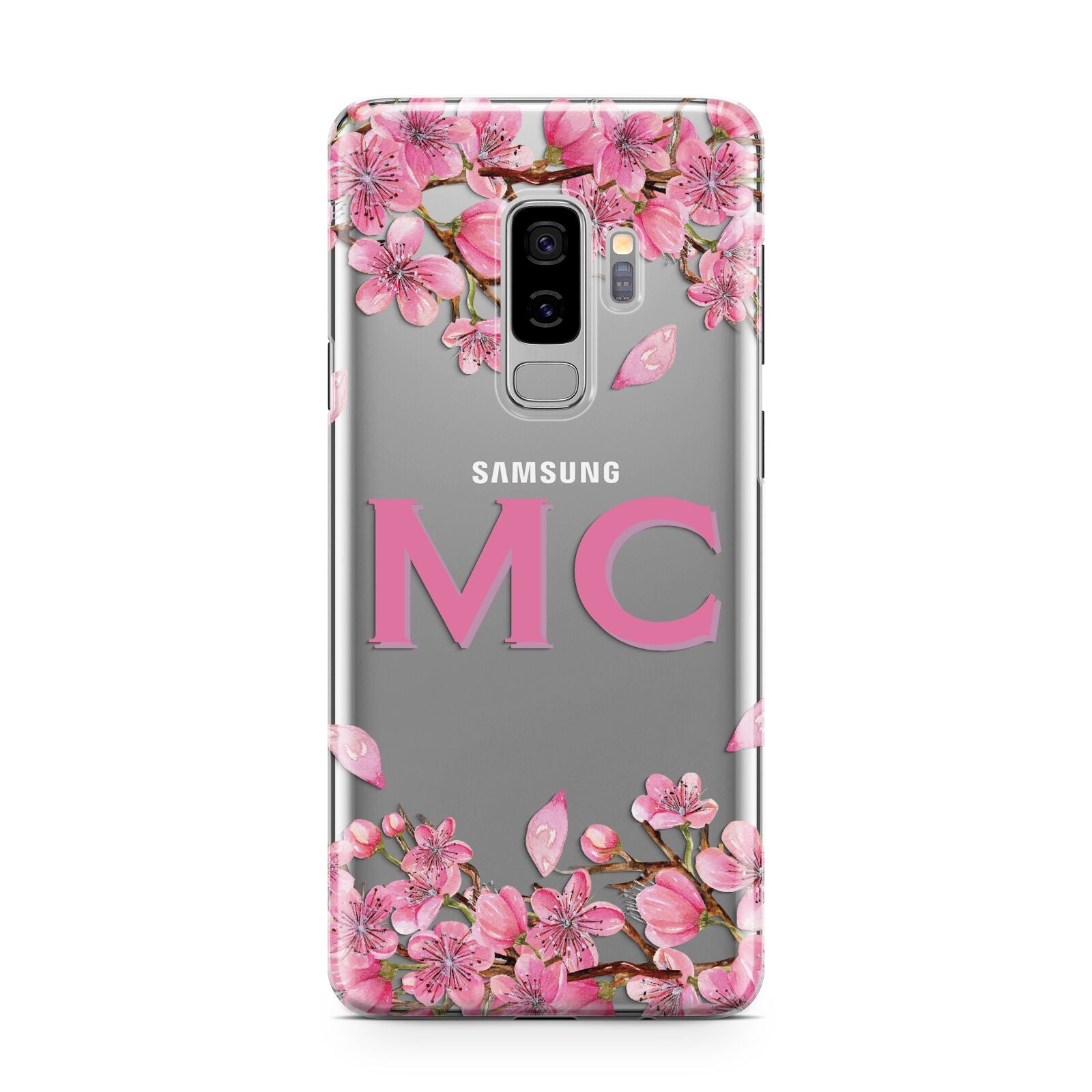 Personalised Vibrant Cherry Blossom Pink Samsung Galaxy S9 Plus Case on Silver phone
