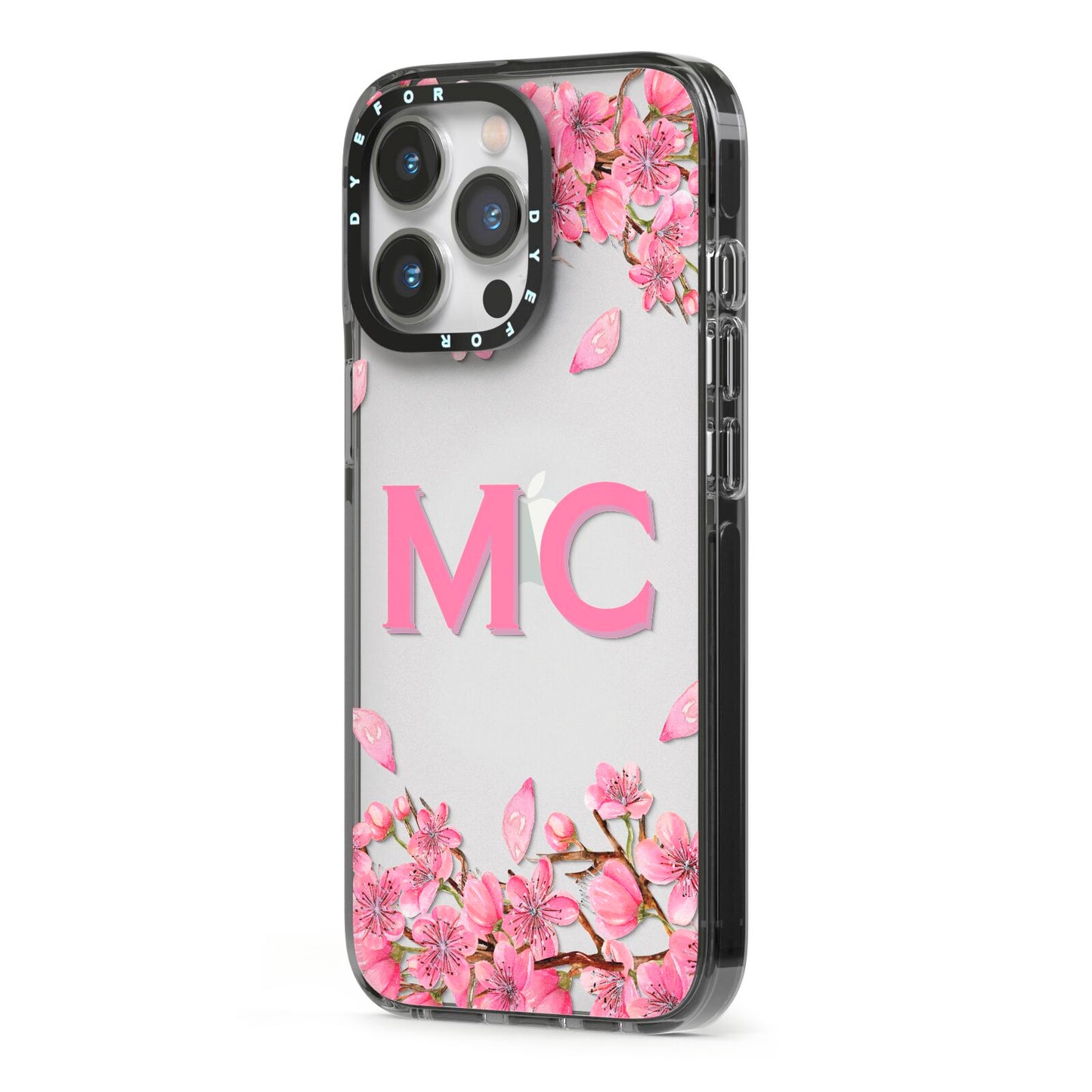 Personalised Vibrant Cherry Blossom Pink iPhone 13 Pro Black Impact Case Side Angle on Silver phone