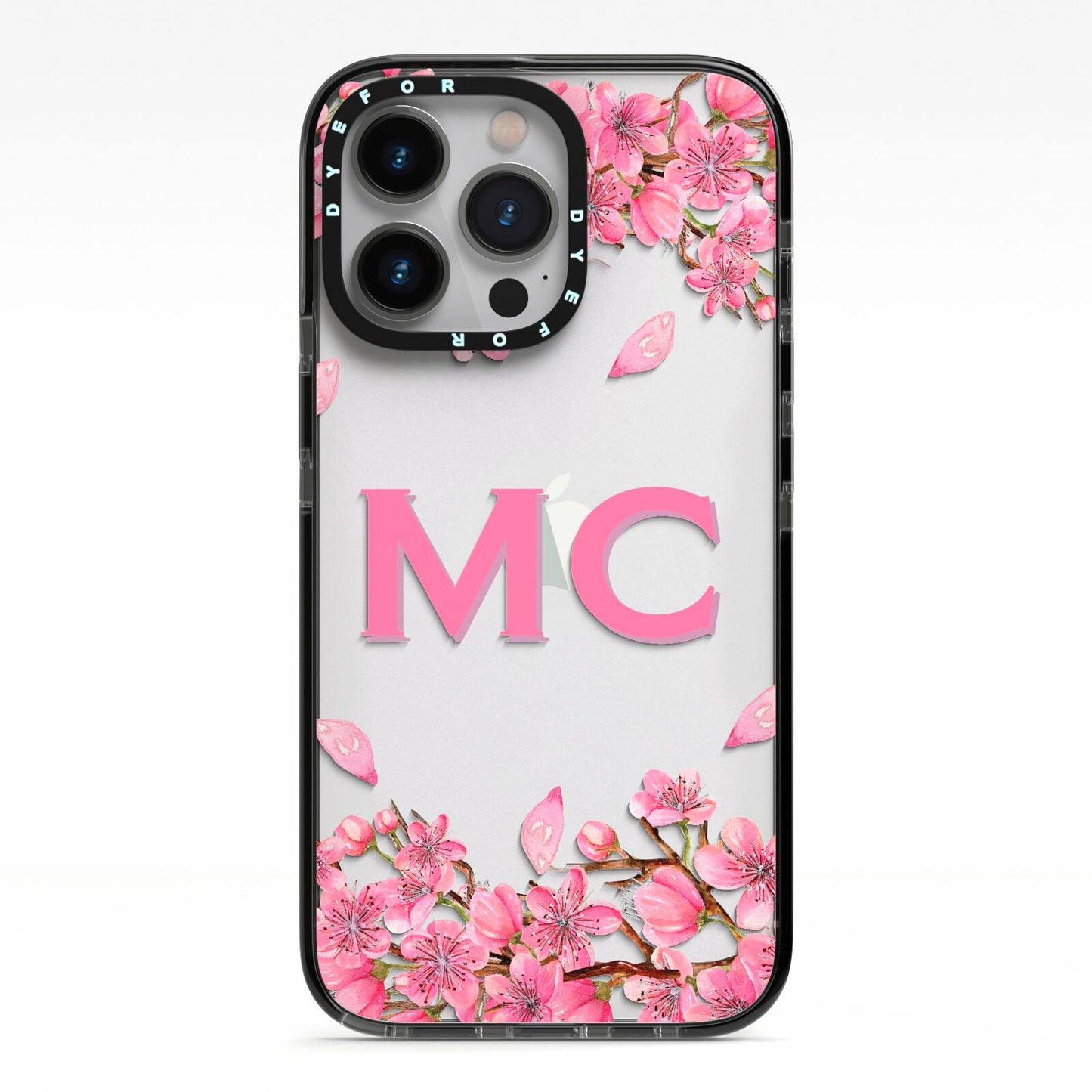 Personalised Vibrant Cherry Blossom Pink iPhone 13 Pro Black Impact Case on Silver phone