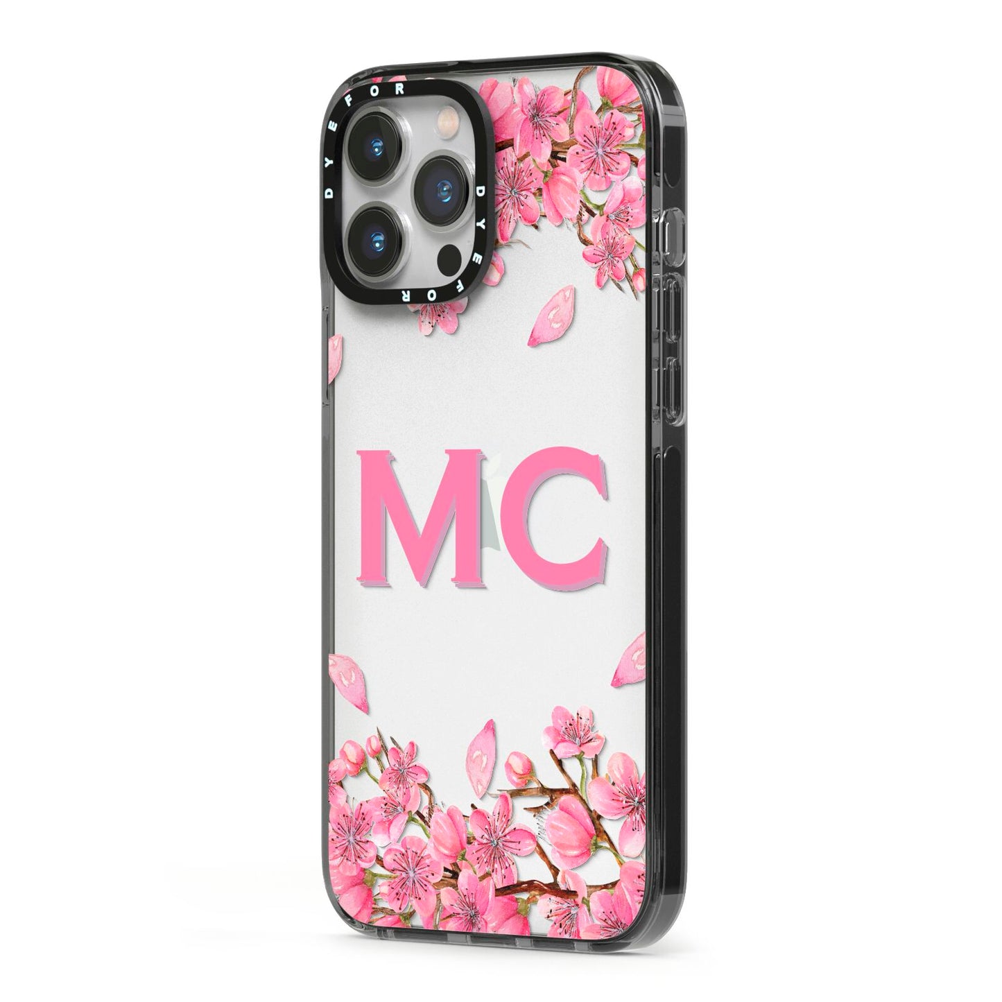 Personalised Vibrant Cherry Blossom Pink iPhone 13 Pro Max Black Impact Case Side Angle on Silver phone