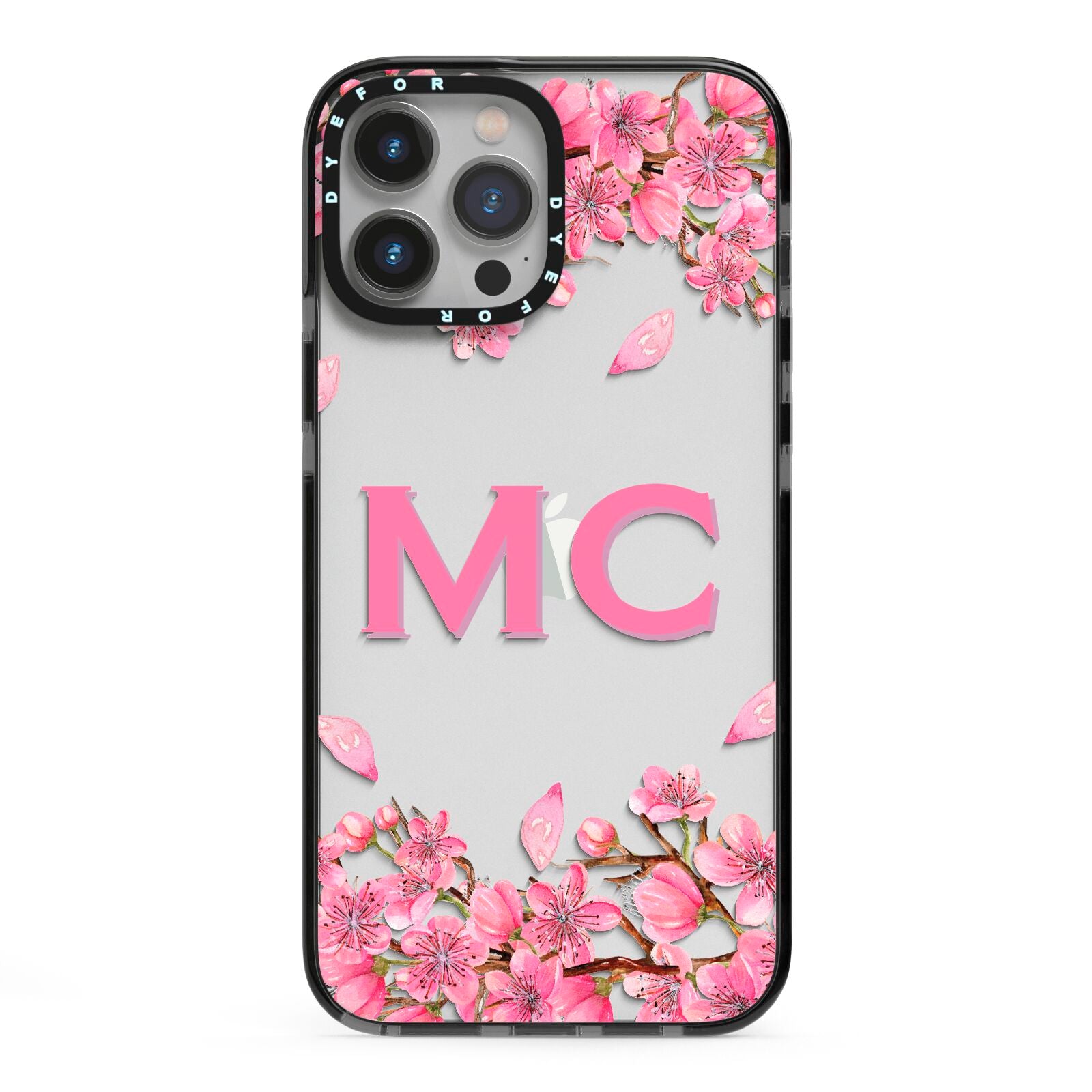 Personalised Vibrant Cherry Blossom Pink iPhone 13 Pro Max Black Impact Case on Silver phone