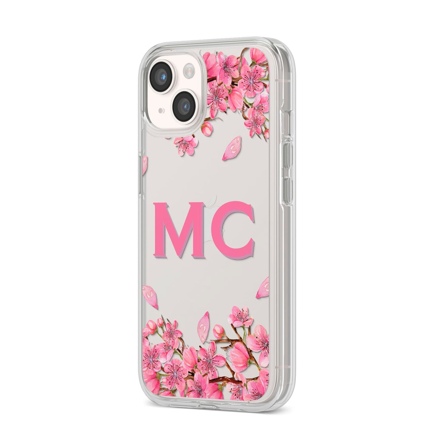 Personalised Vibrant Cherry Blossom Pink iPhone 14 Clear Tough Case Starlight Angled Image