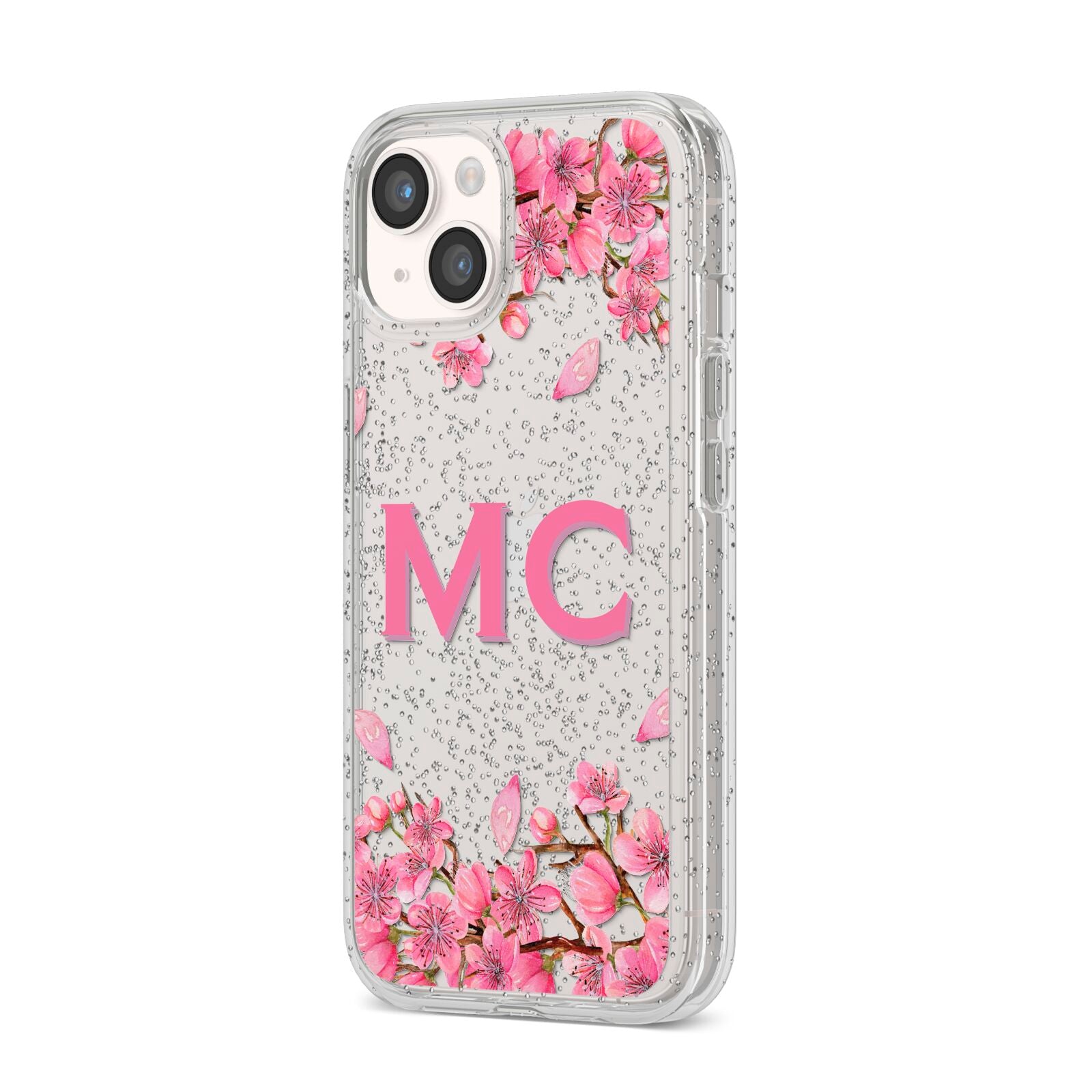 Personalised Vibrant Cherry Blossom Pink iPhone 14 Glitter Tough Case Starlight Angled Image