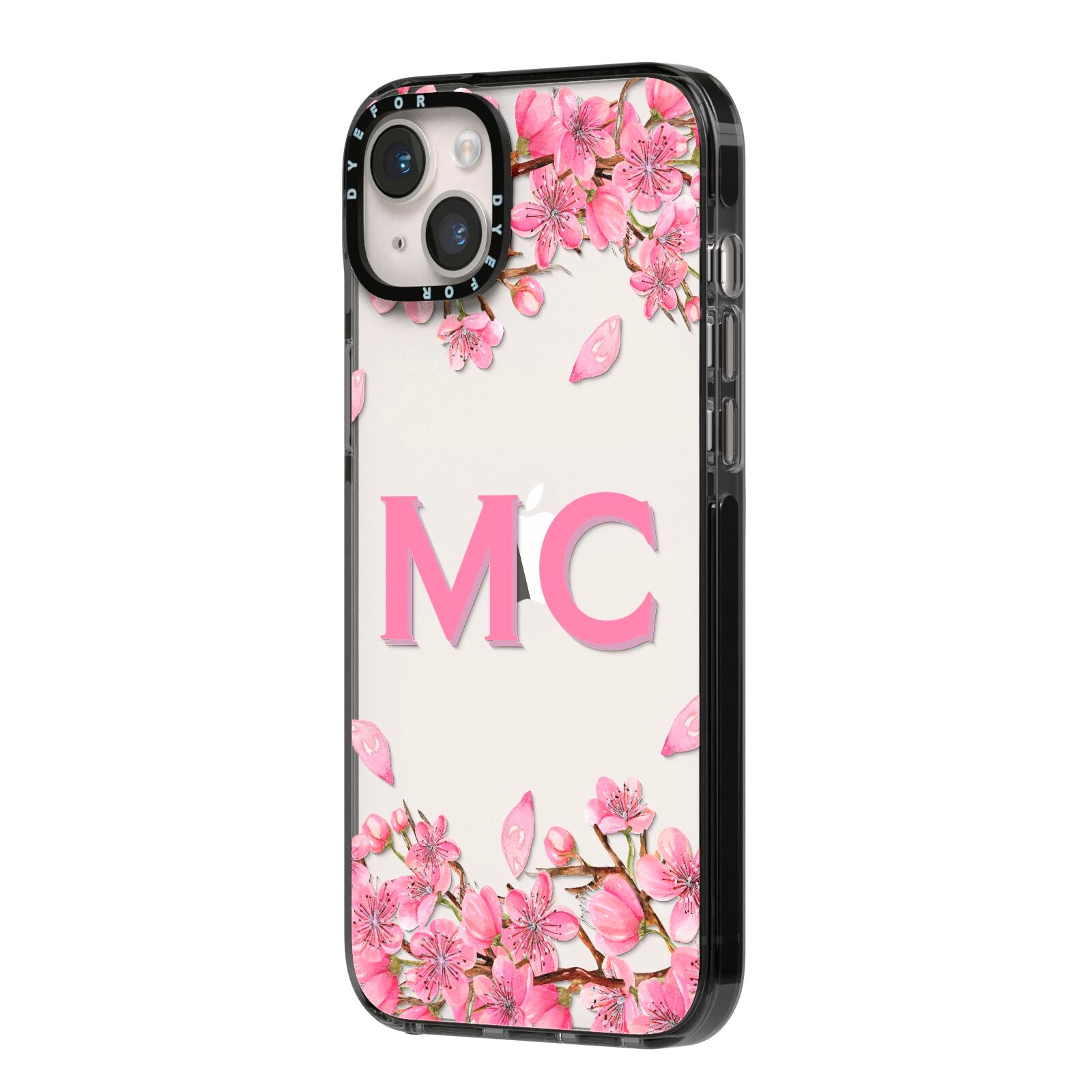 Personalised Vibrant Cherry Blossom Pink iPhone 14 Plus Black Impact Case Side Angle on Silver phone