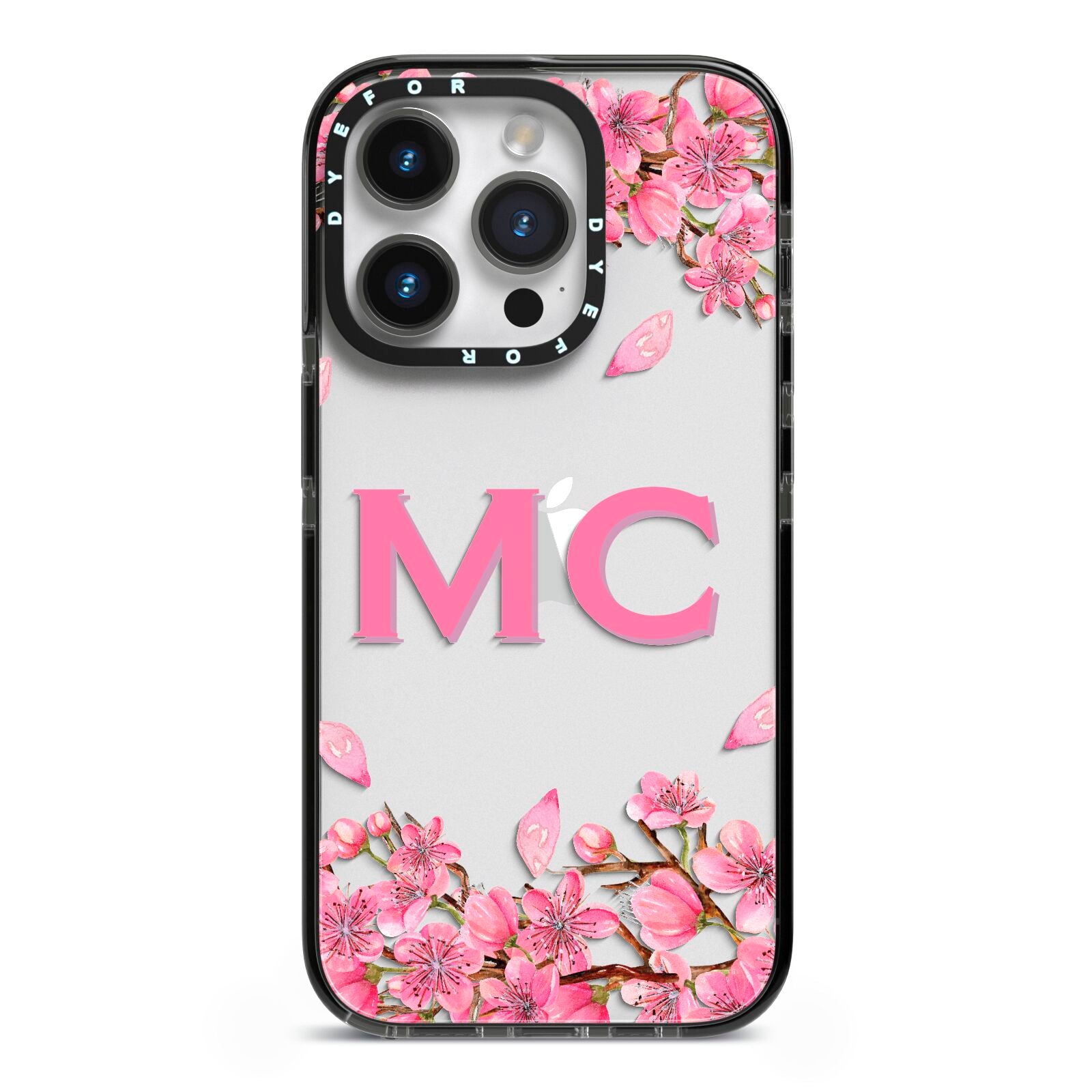 Personalised Vibrant Cherry Blossom Pink iPhone 14 Pro Black Impact Case on Silver phone