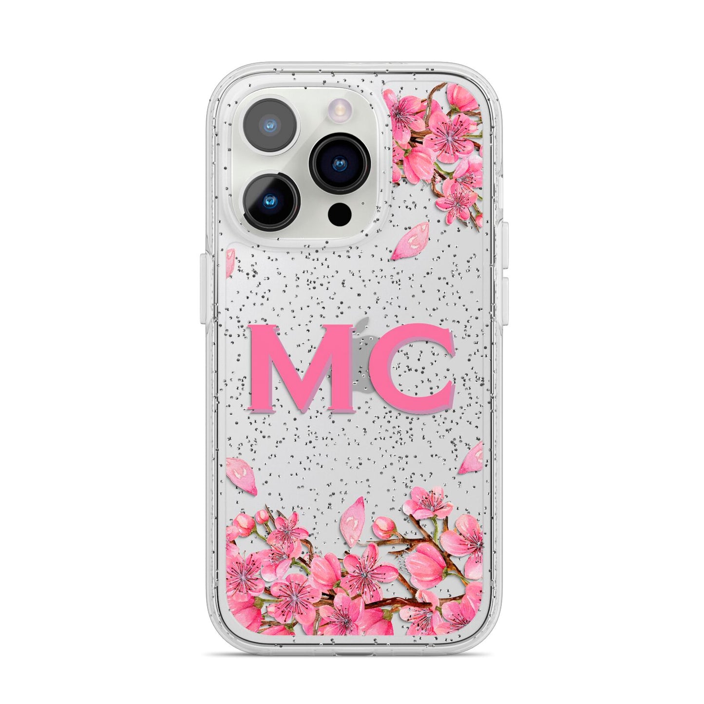 Personalised Vibrant Cherry Blossom Pink iPhone 14 Pro Glitter Tough Case Silver