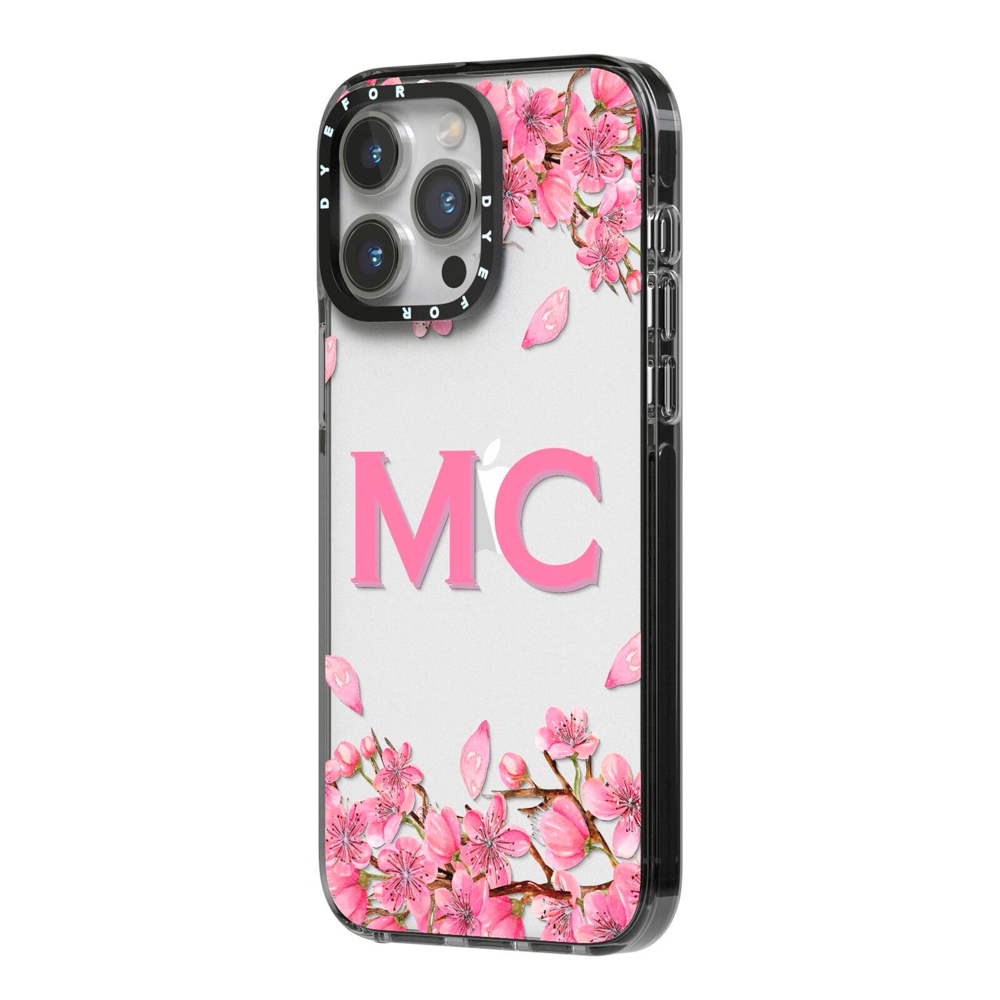 Personalised Vibrant Cherry Blossom Pink iPhone 14 Pro Max Black Impact Case Side Angle on Silver phone