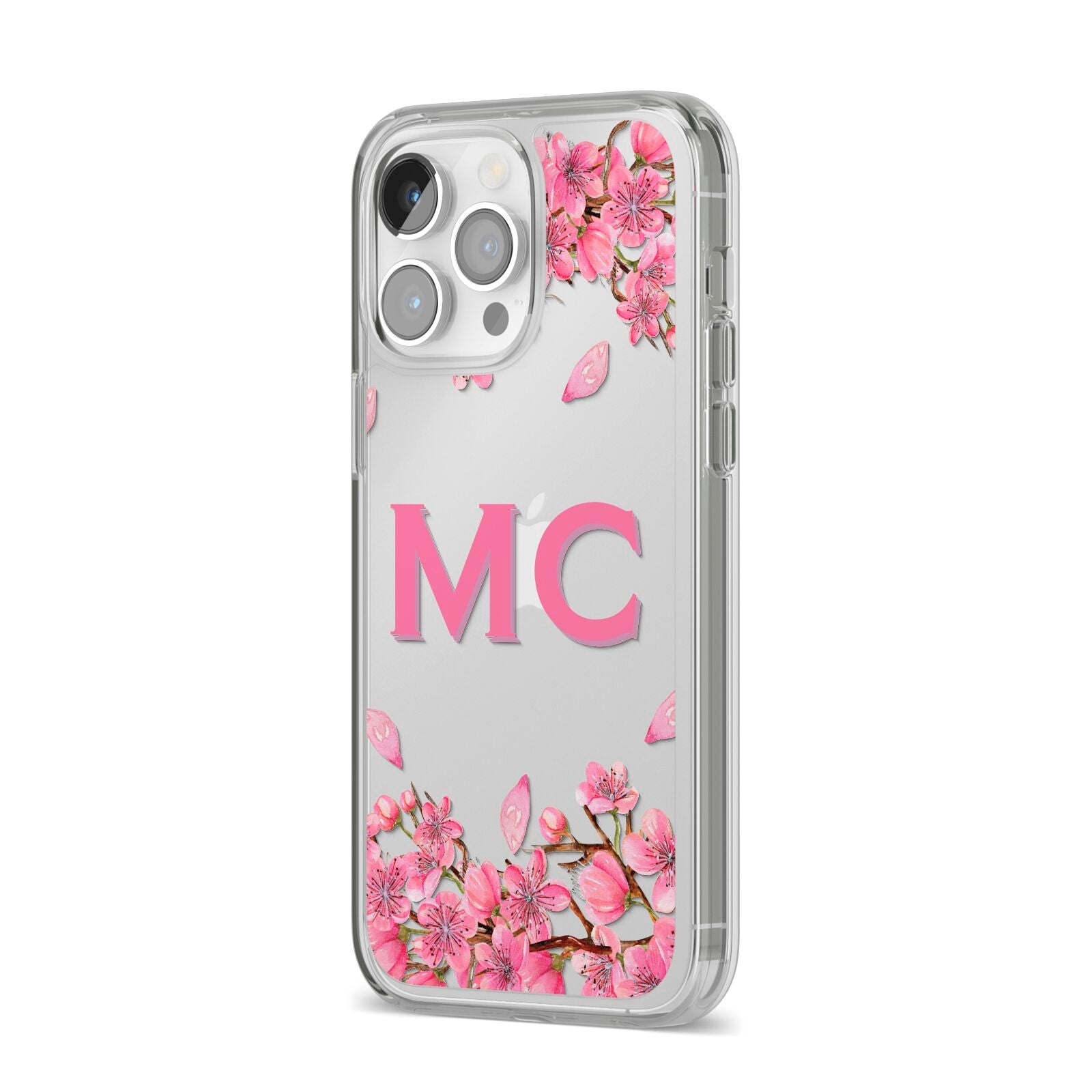 Personalised Vibrant Cherry Blossom Pink iPhone 14 Pro Max Clear Tough Case Silver Angled Image