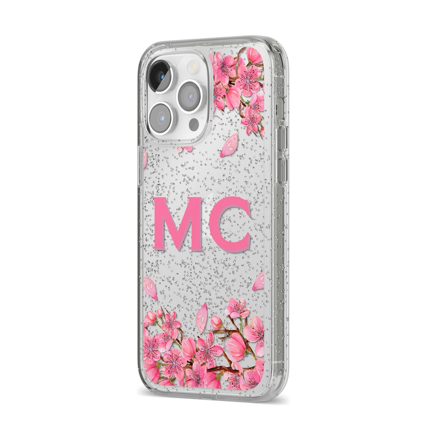 Personalised Vibrant Cherry Blossom Pink iPhone 14 Pro Max Glitter Tough Case Silver Angled Image