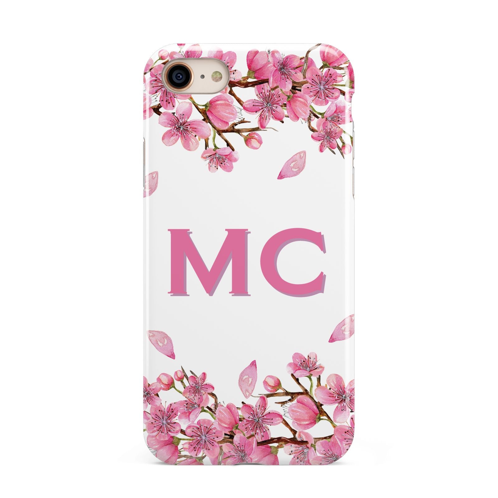 Personalised Vibrant Cherry Blossom Pink iPhone 8 3D Tough Case on Gold Phone