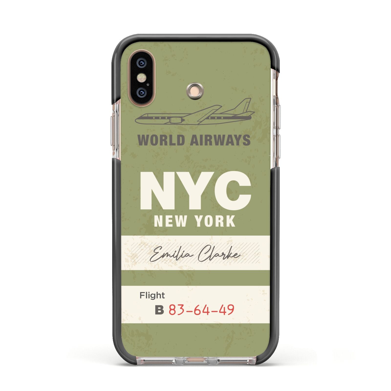 Personalised Vintage Baggage Tag Apple iPhone Xs Impact Case Black Edge on Gold Phone