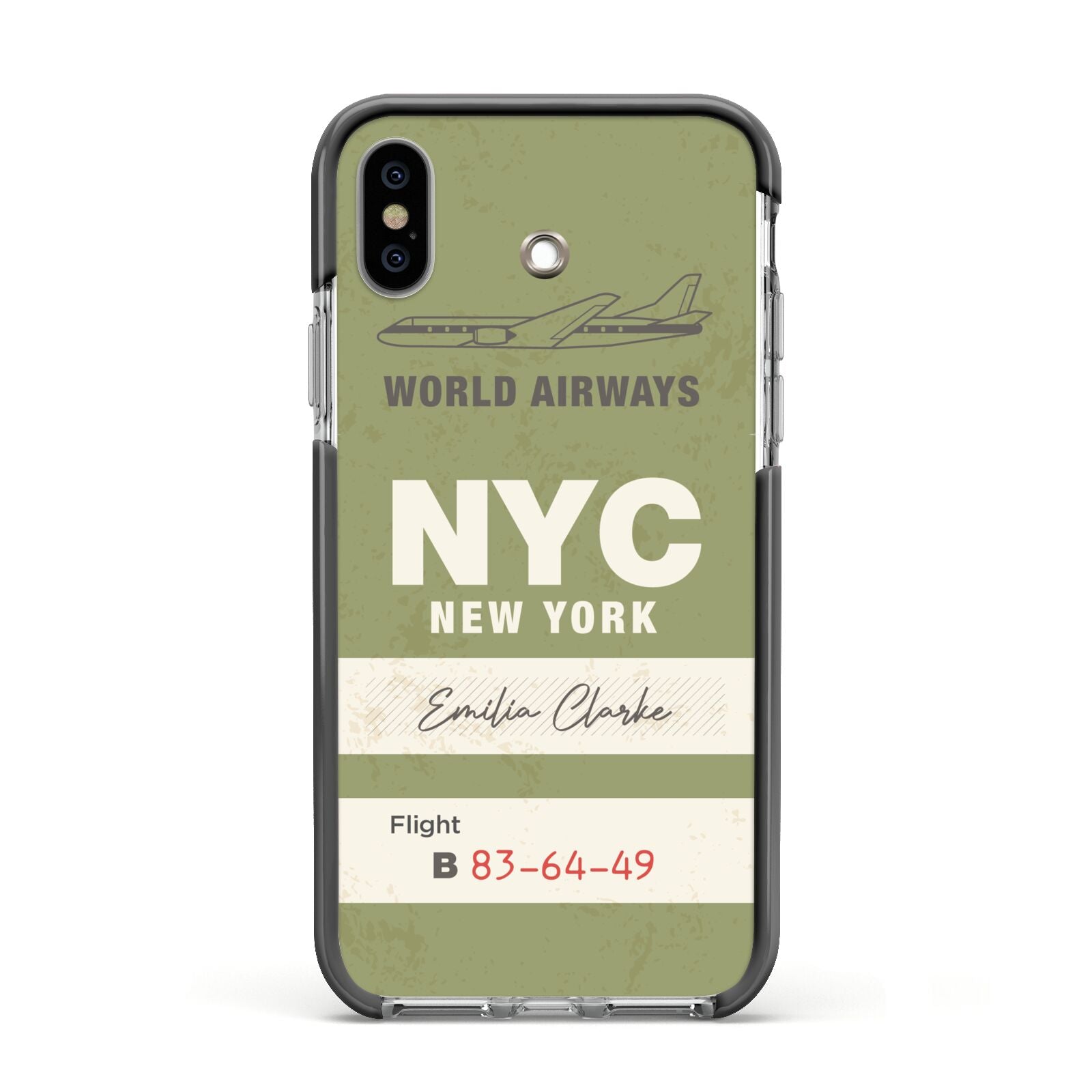 Personalised Vintage Baggage Tag Apple iPhone Xs Impact Case Black Edge on Silver Phone