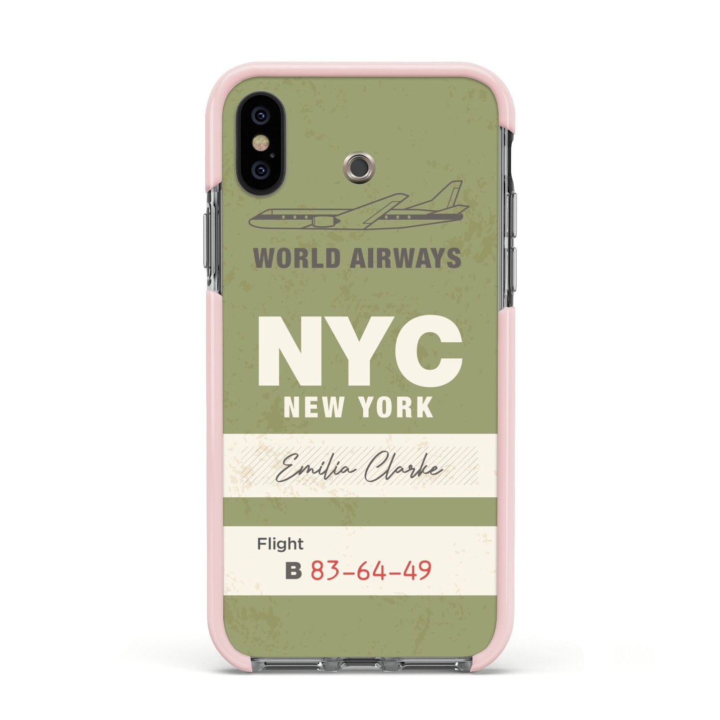 Personalised Vintage Baggage Tag Apple iPhone Xs Impact Case Pink Edge on Black Phone