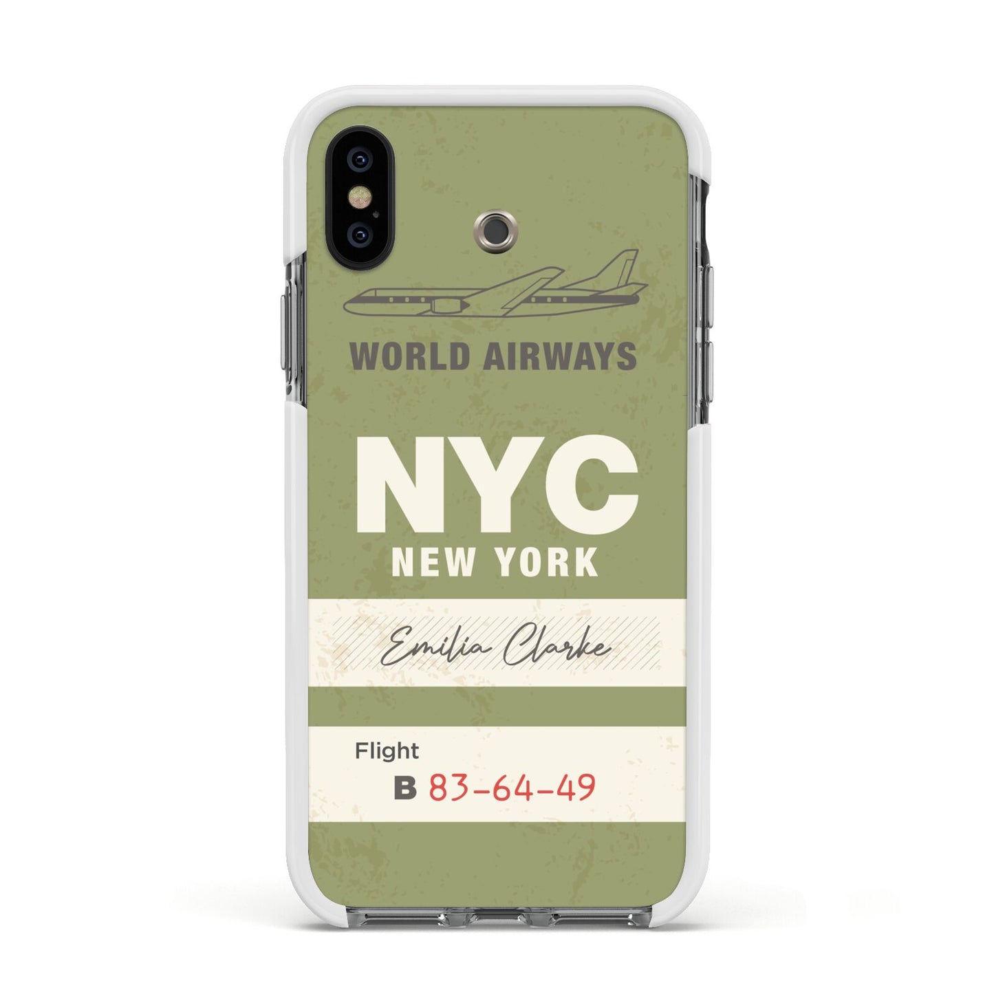 Personalised Vintage Baggage Tag Apple iPhone Xs Impact Case White Edge on Black Phone