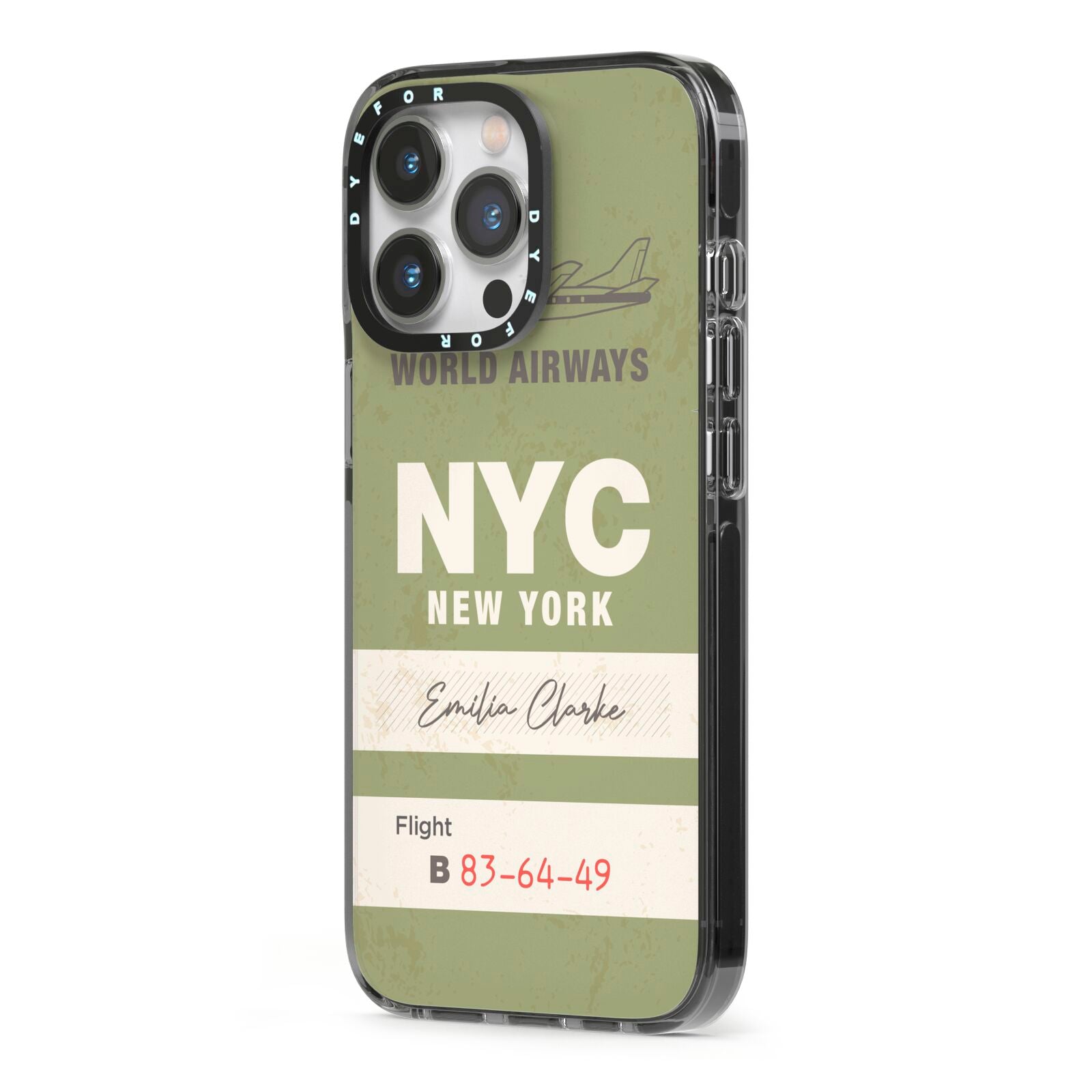 Personalised Vintage Baggage Tag iPhone 13 Pro Black Impact Case Side Angle on Silver phone