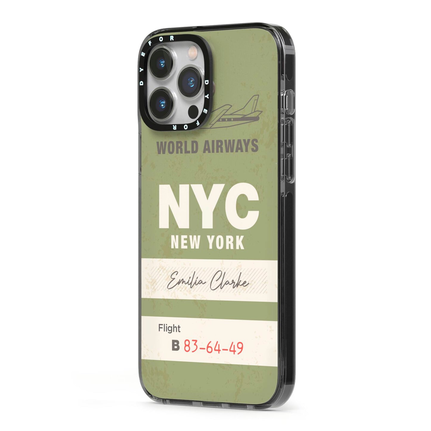 Personalised Vintage Baggage Tag iPhone 13 Pro Max Black Impact Case Side Angle on Silver phone