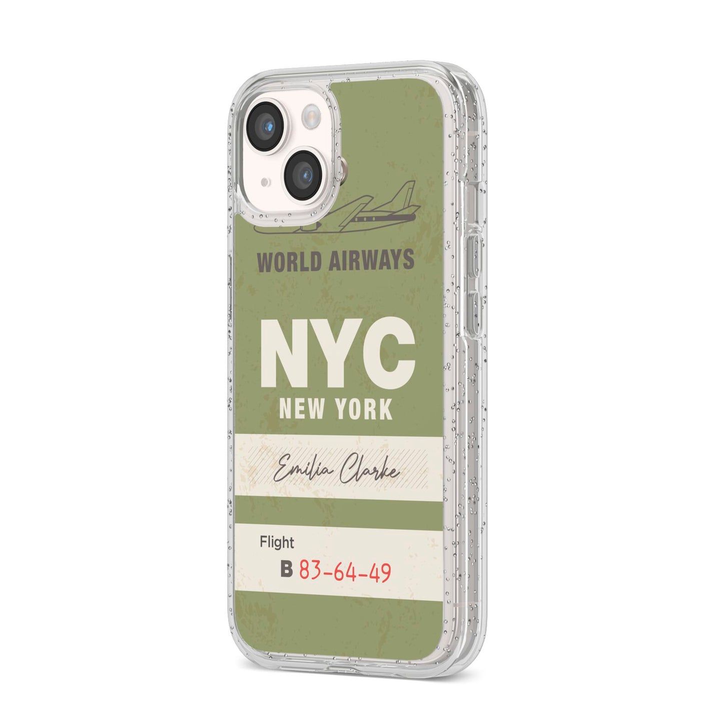 Personalised Vintage Baggage Tag iPhone 14 Glitter Tough Case Starlight Angled Image