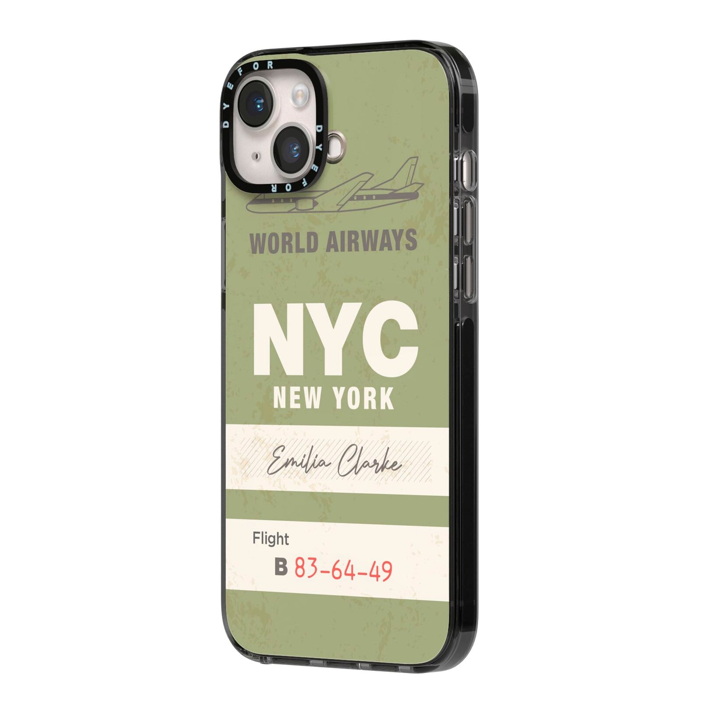 Personalised Vintage Baggage Tag iPhone 14 Plus Black Impact Case Side Angle on Silver phone