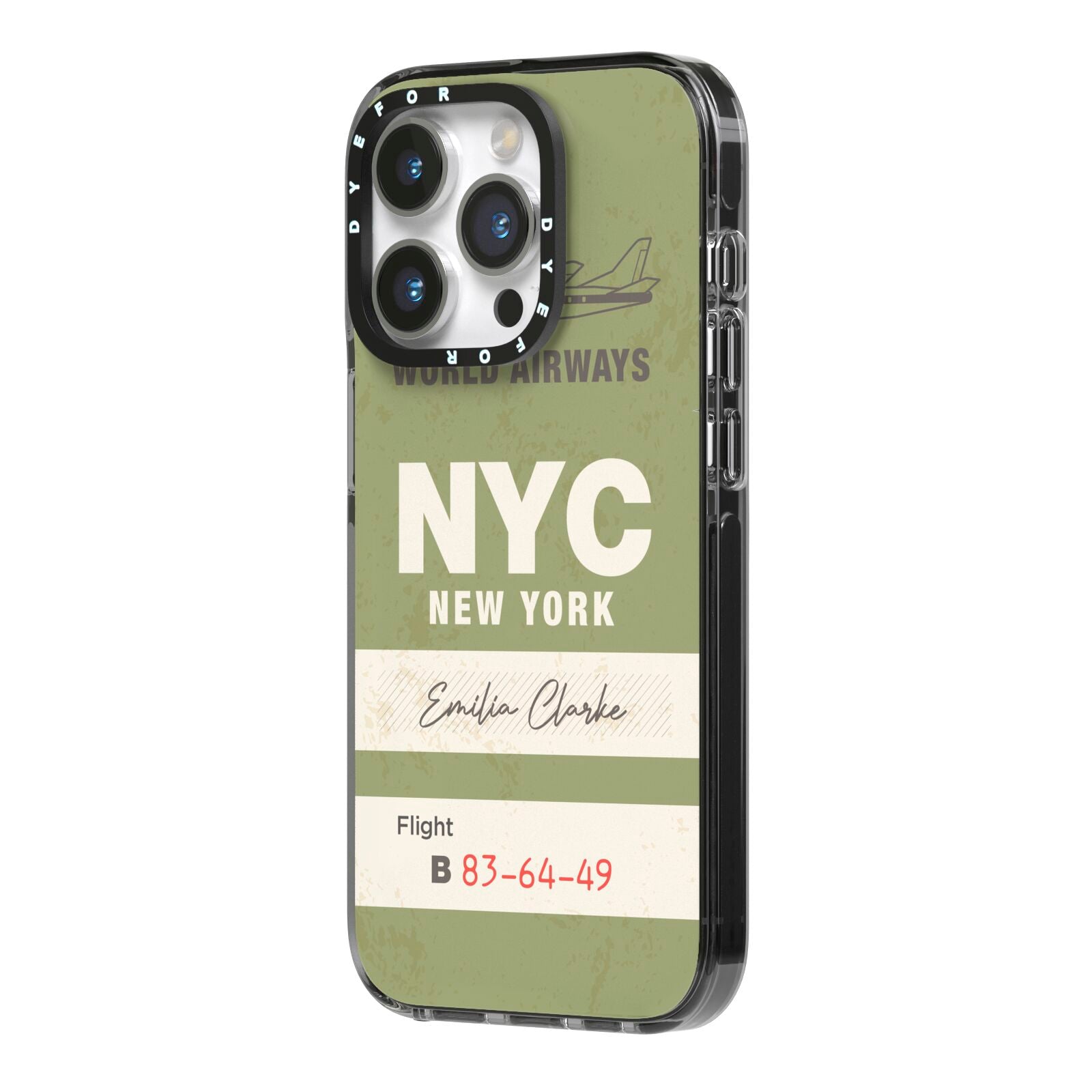 Personalised Vintage Baggage Tag iPhone 14 Pro Black Impact Case Side Angle on Silver phone