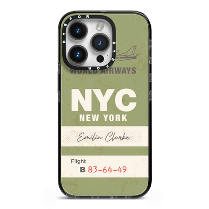 Personalised Vintage Baggage Tag iPhone 14 Pro Black Impact Case on Silver phone