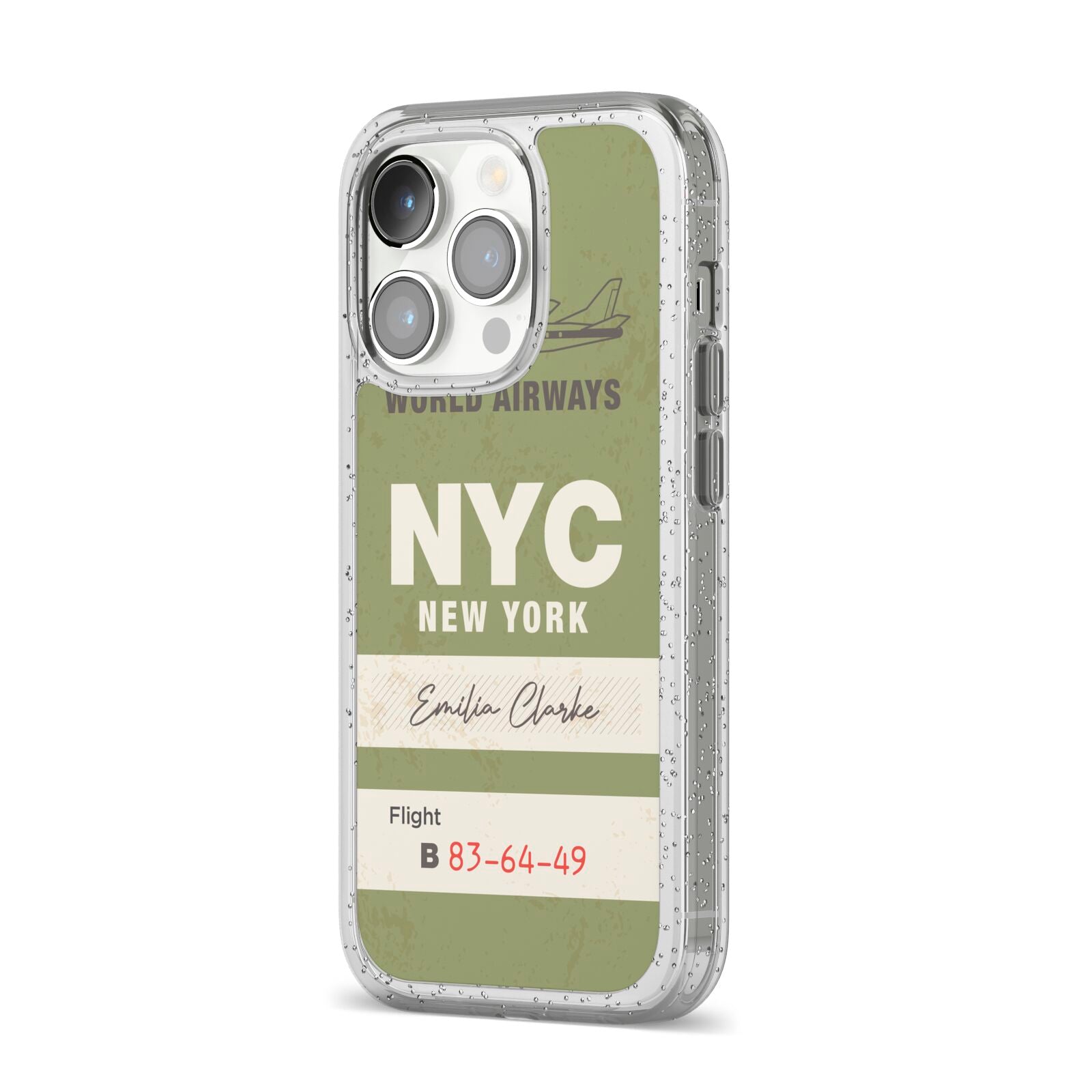 Personalised Vintage Baggage Tag iPhone 14 Pro Glitter Tough Case Silver Angled Image