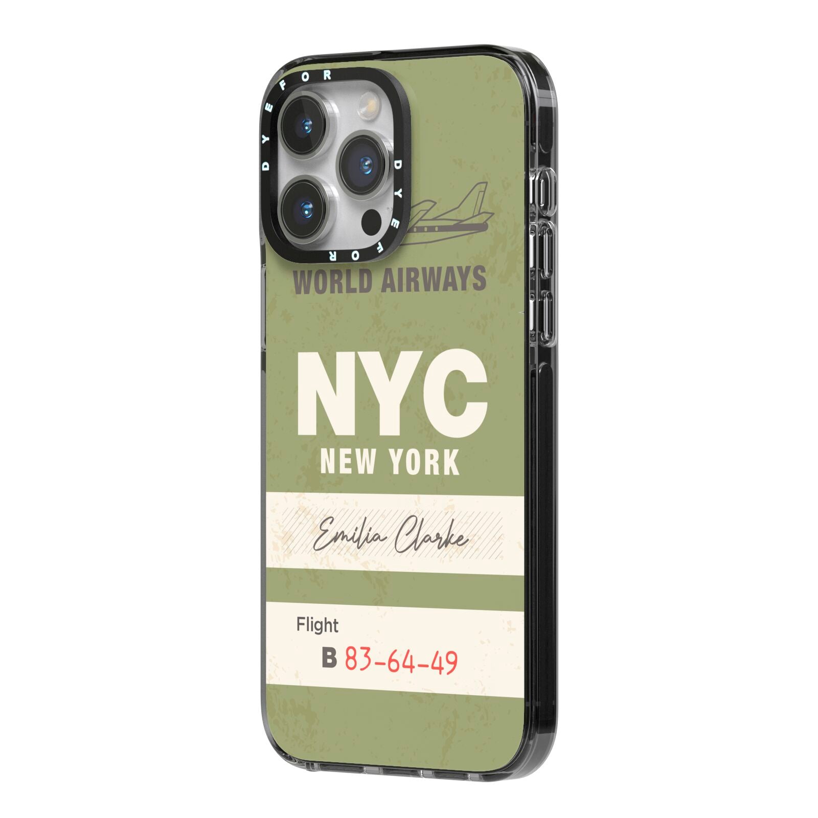 Personalised Vintage Baggage Tag iPhone 14 Pro Max Black Impact Case Side Angle on Silver phone