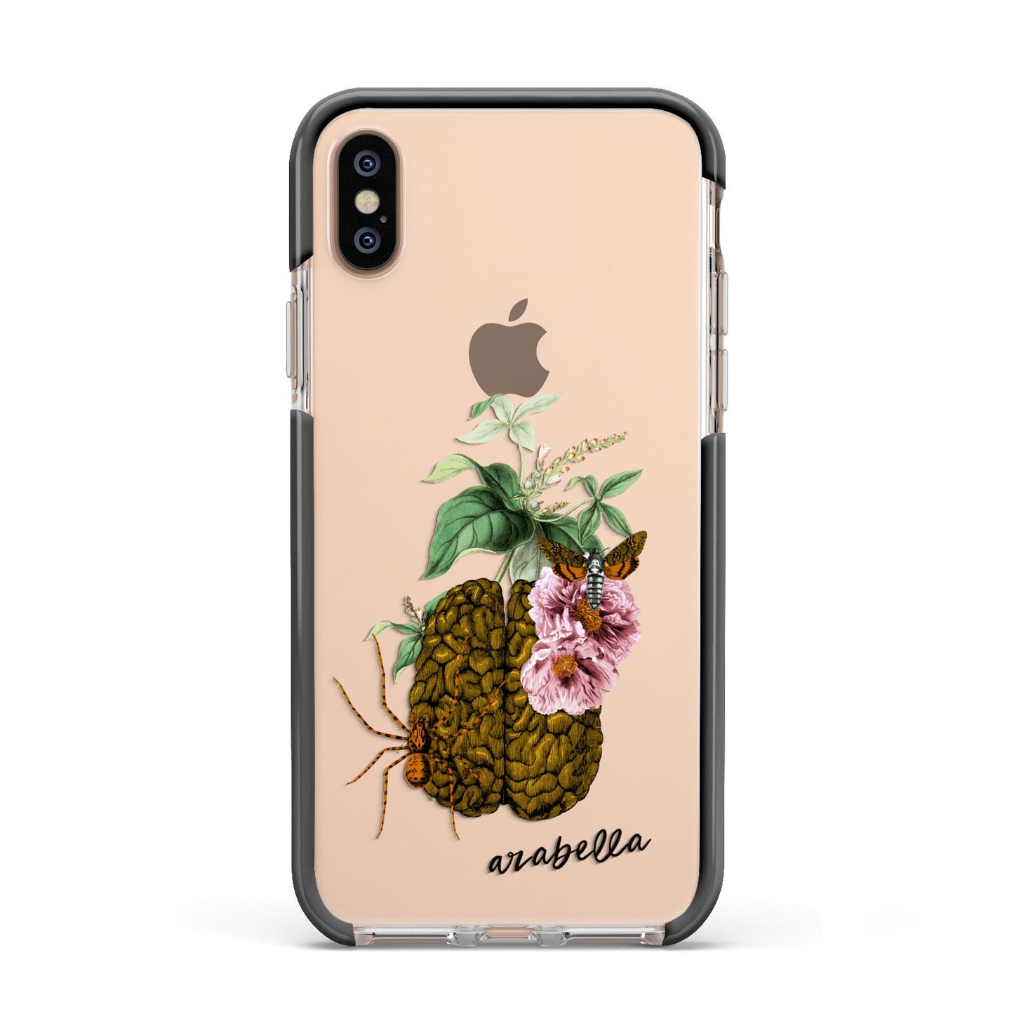 Personalised Vintage Brain Drawing Apple iPhone Xs Impact Case Black Edge on Gold Phone