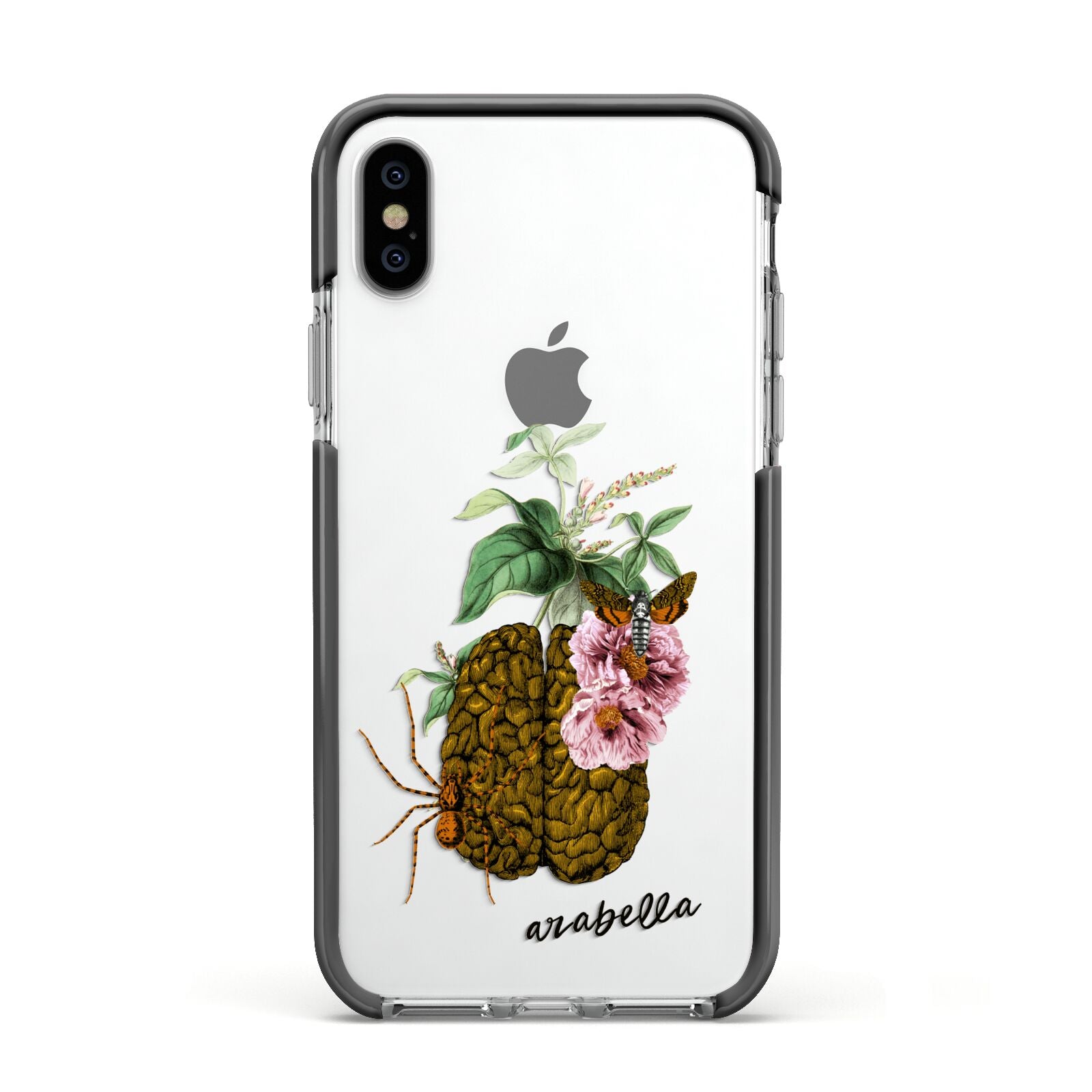 Personalised Vintage Brain Drawing Apple iPhone Xs Impact Case Black Edge on Silver Phone