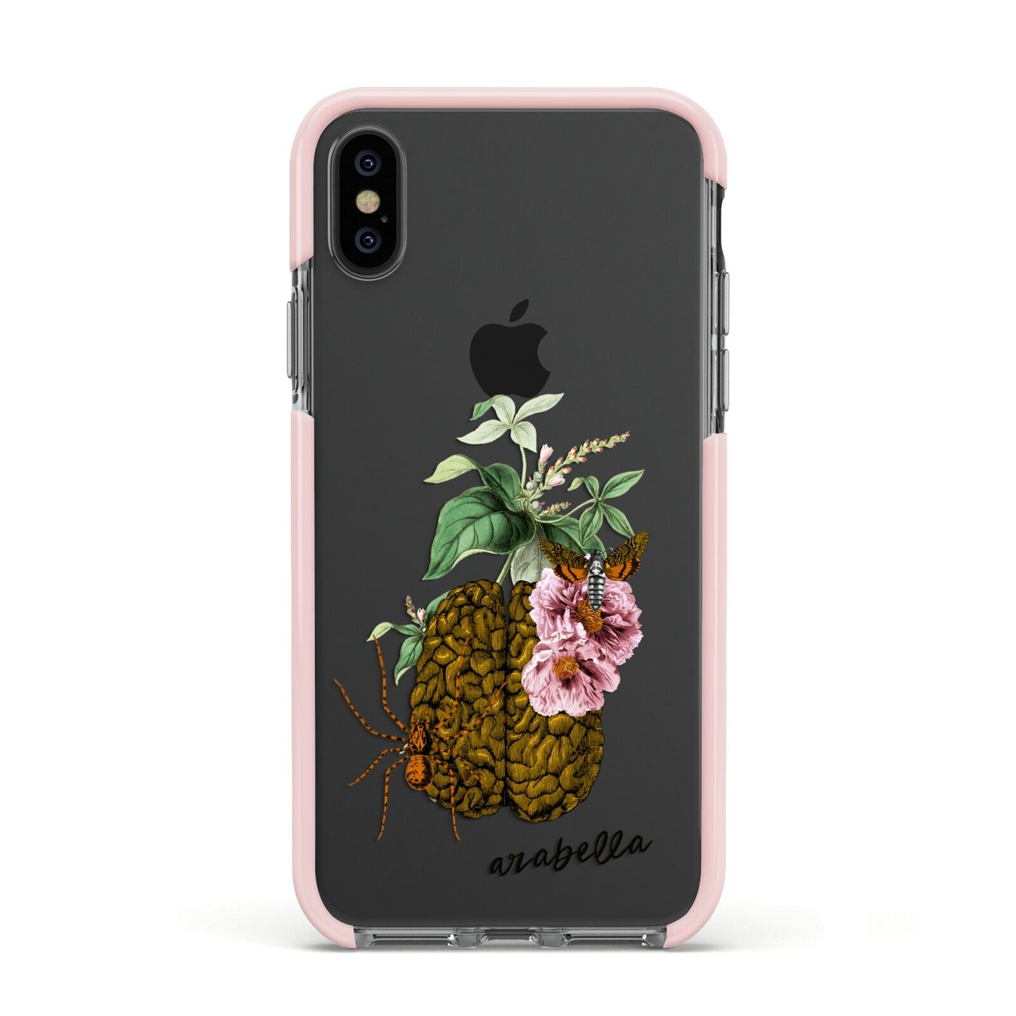 Personalised Vintage Brain Drawing Apple iPhone Xs Impact Case Pink Edge on Black Phone