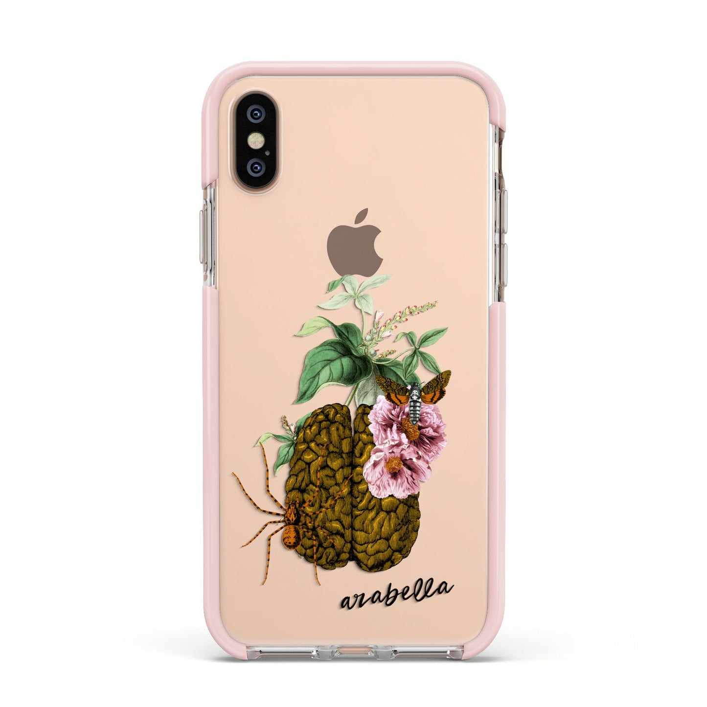 Personalised Vintage Brain Drawing Apple iPhone Xs Impact Case Pink Edge on Gold Phone