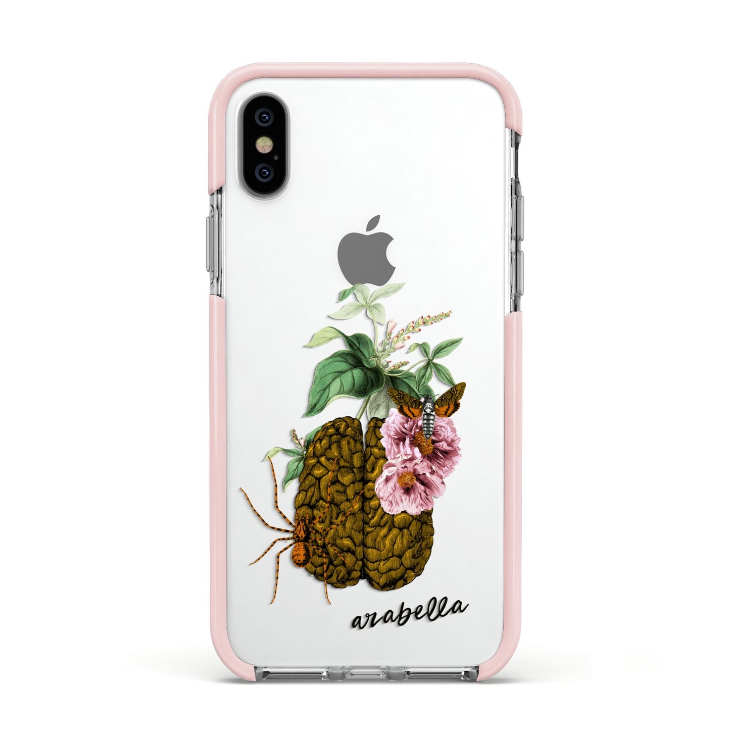 Personalised Vintage Brain Drawing Apple iPhone Xs Impact Case Pink Edge on Silver Phone