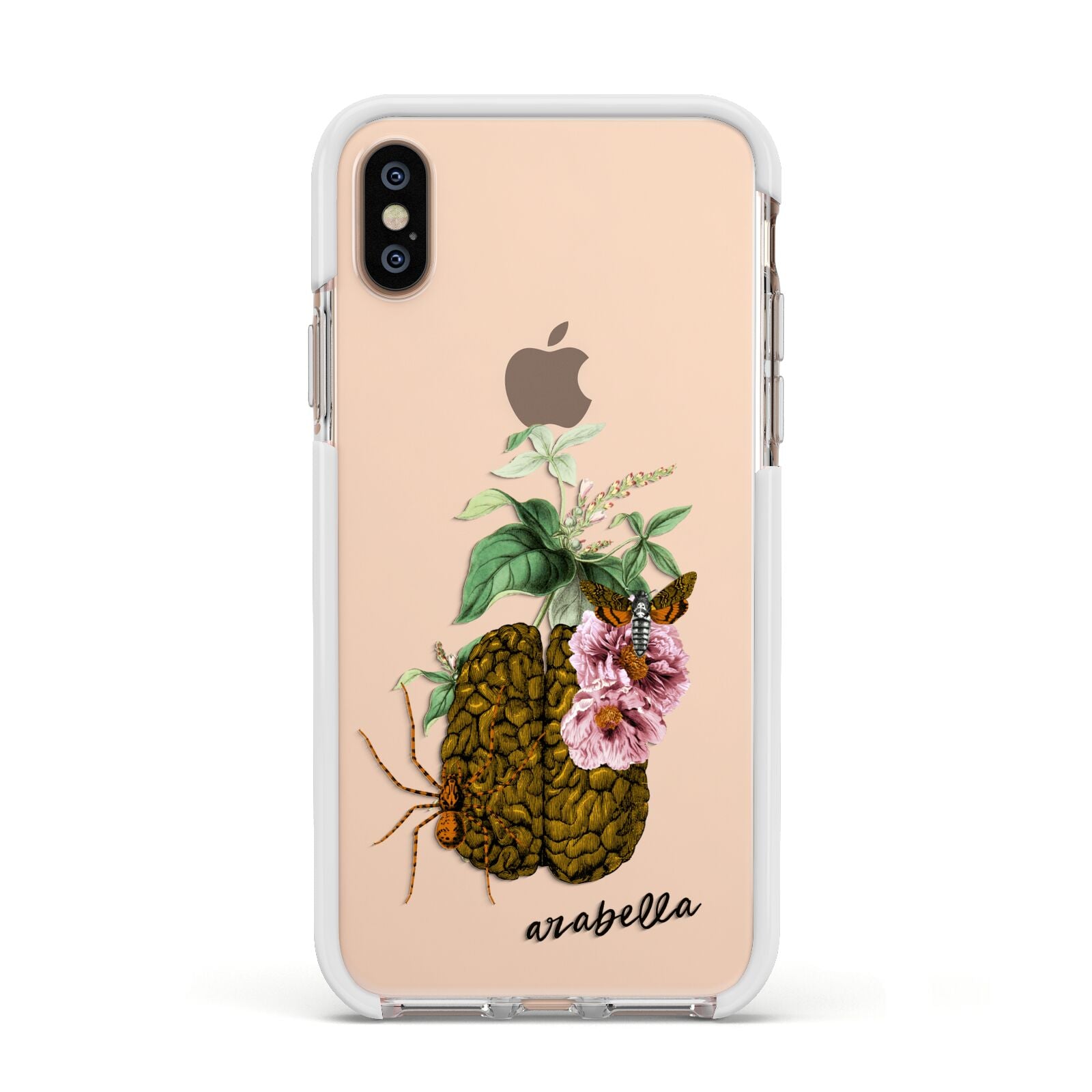 Personalised Vintage Brain Drawing Apple iPhone Xs Impact Case White Edge on Gold Phone