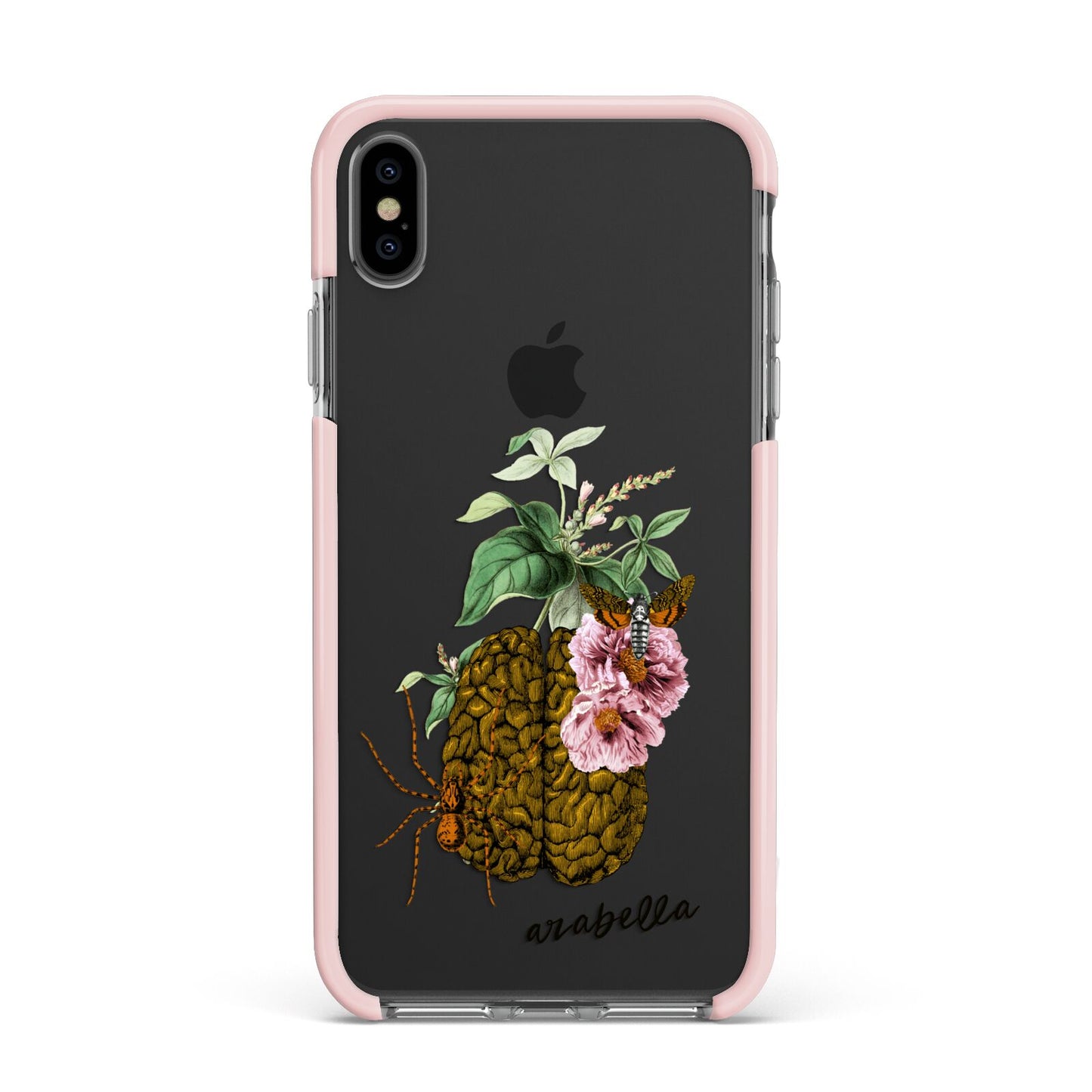 Personalised Vintage Brain Drawing Apple iPhone Xs Max Impact Case Pink Edge on Black Phone