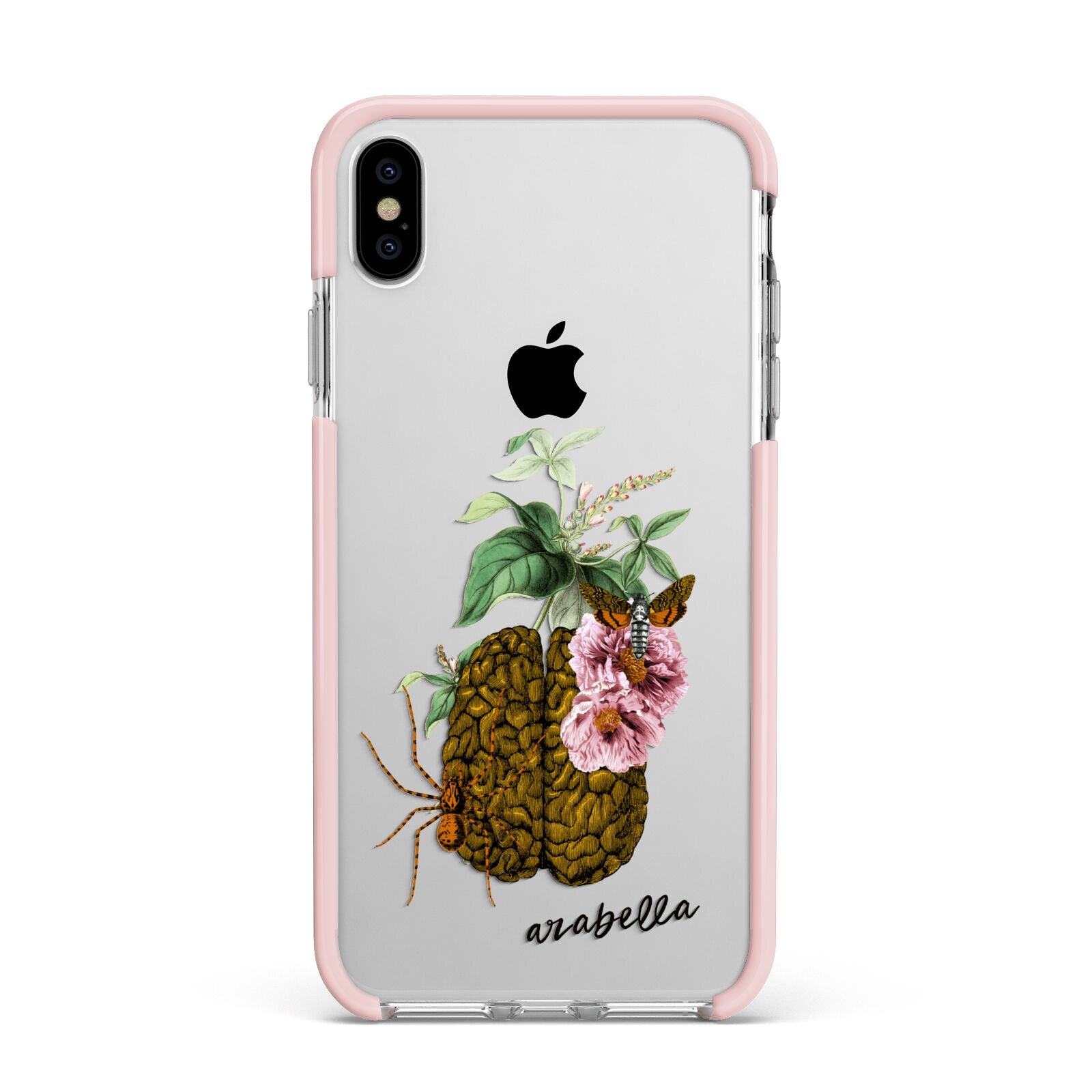 Personalised Vintage Brain Drawing Apple iPhone Xs Max Impact Case Pink Edge on Silver Phone
